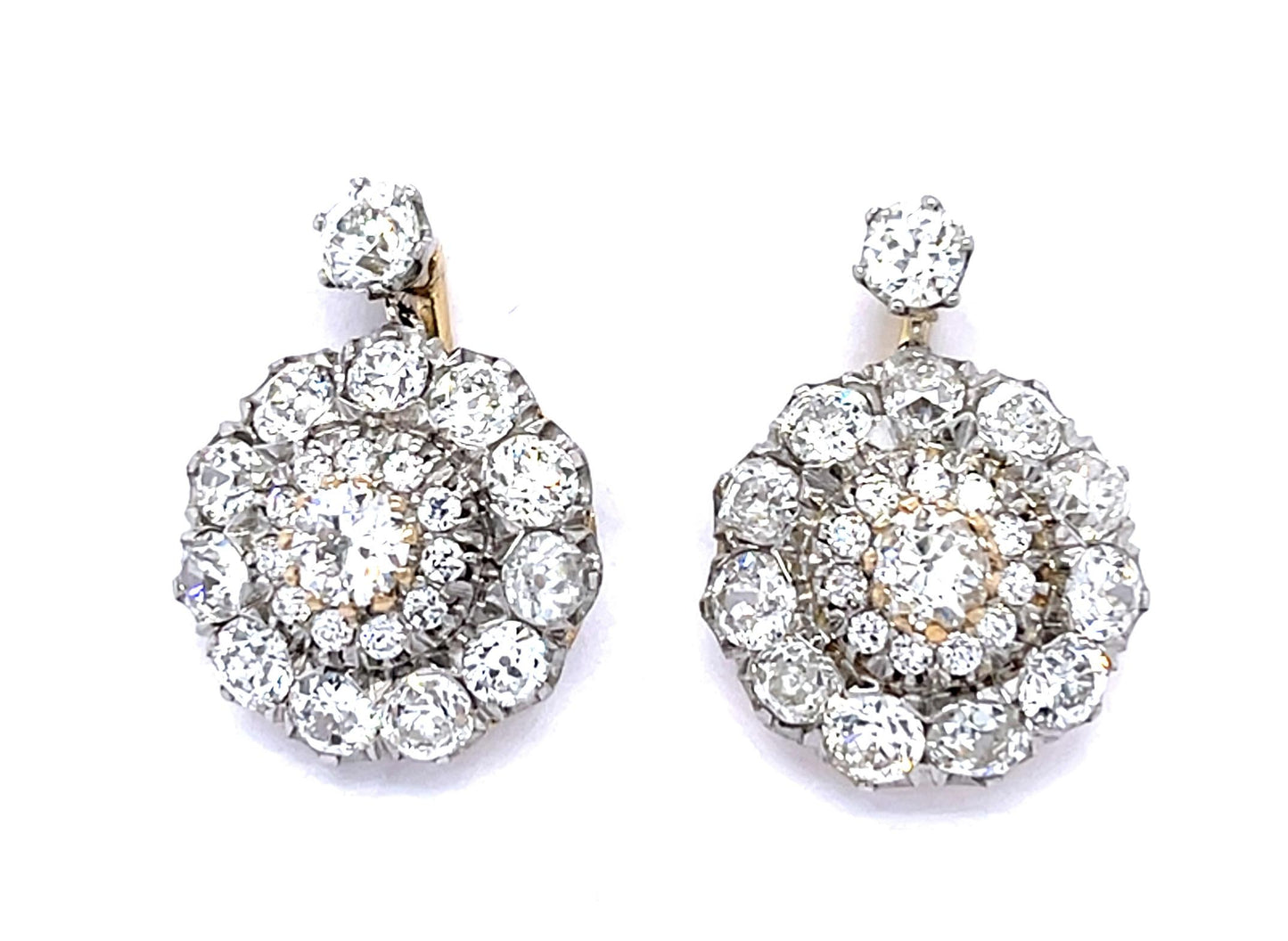 1.65ct (4 Old European Diamonds) PT+18KY Cluster Earrings 5.10ct (46 Diamonds)
