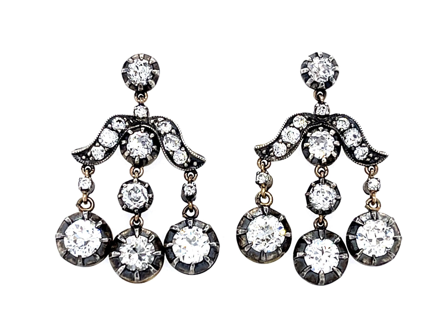 2.70ct (Six Old European Diamonds) 18KY+Silver Chandelier Earrings 2ct SD