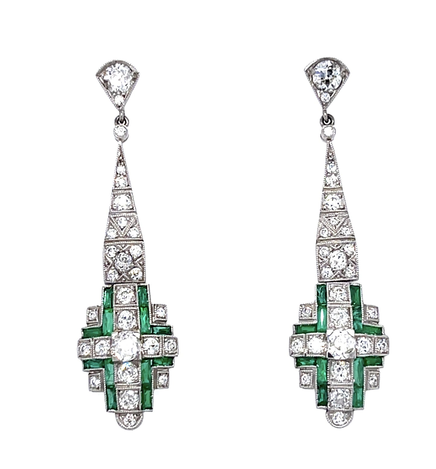 .83ct (4 Old Mine Diamond) 1.41ct (24 Eme) PT Handmade Drop Earrings 1.16ct SD