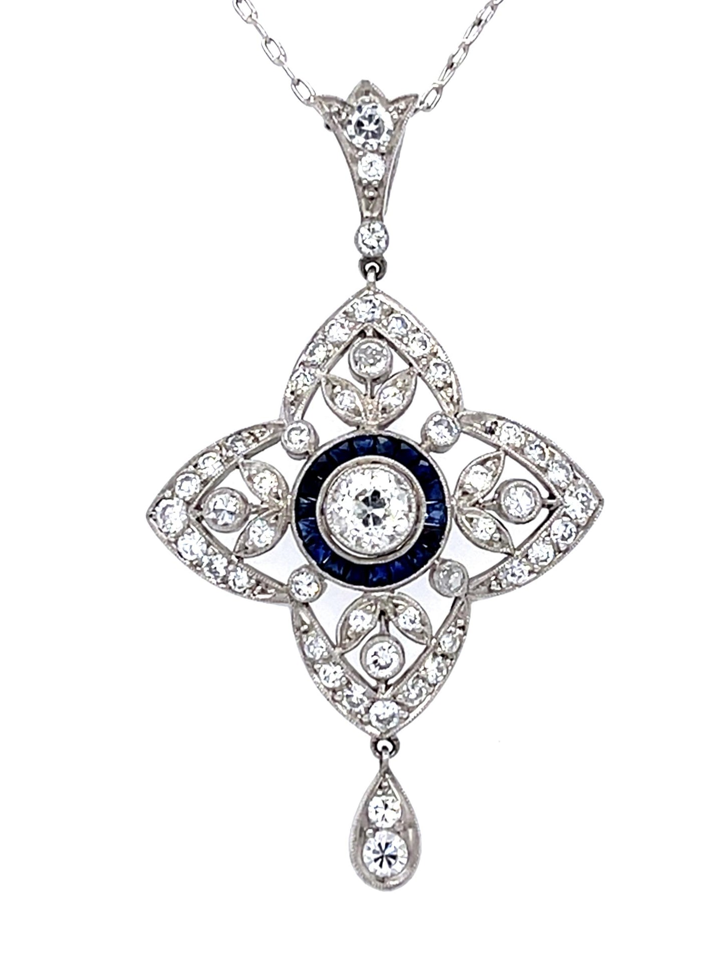 .54ct Old European Center Diamond .35ct Sapphire PT Handmade Pendant 1.13ct SD