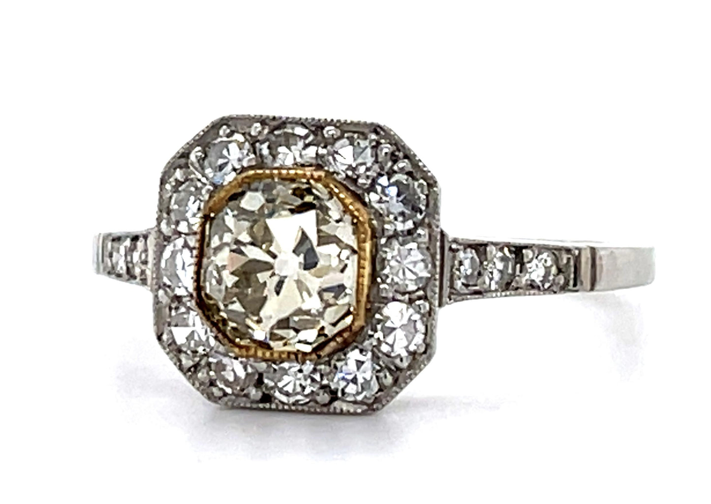 .92ct Old Mine Light Fancy Yellow Diamond PT Handmade Ring .58ct SD