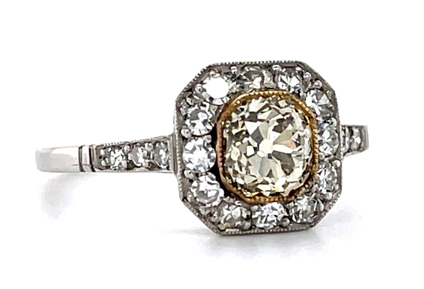 .92ct Old Mine Light Fancy Yellow Diamond PT Handmade Ring .58ct SD