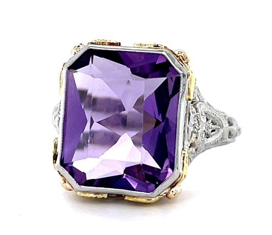 Original Art Deco 6.50ct Amethyst 18KW Ring (Vintage 1930s)