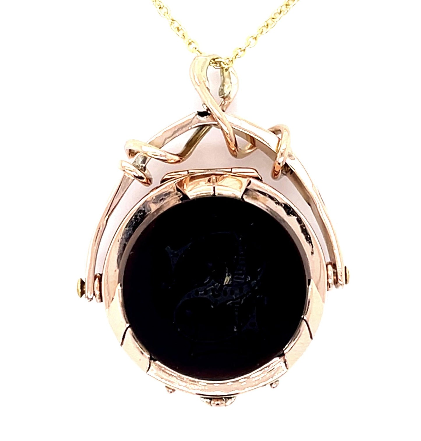 Victorian Carved Bloodstone Spinner Fob 14KY Rose Gold Locket Pendant (1870s)