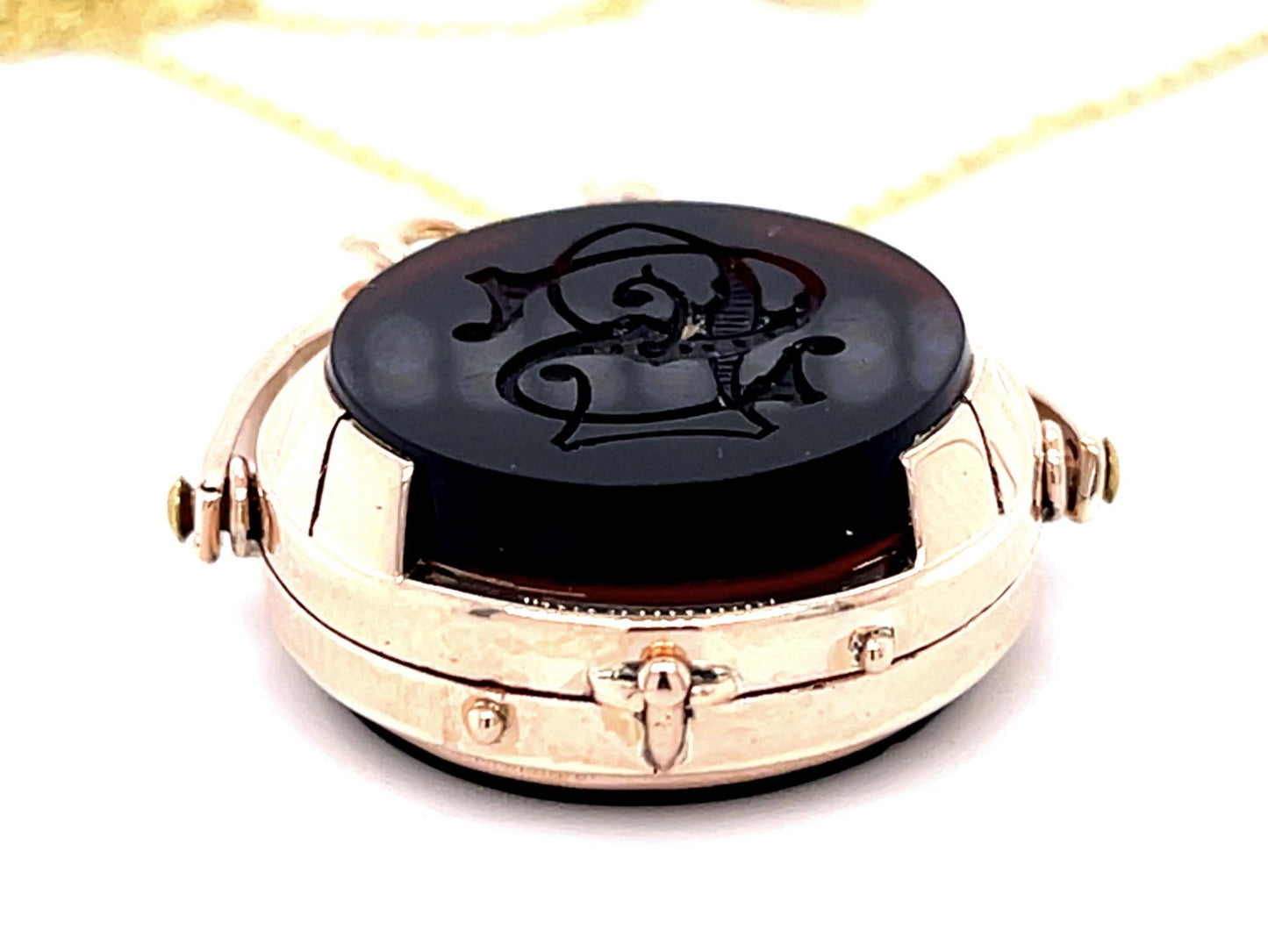 Victorian Carved Bloodstone Spinner Fob 14KY Rose Gold Locket Pendant (1870s)