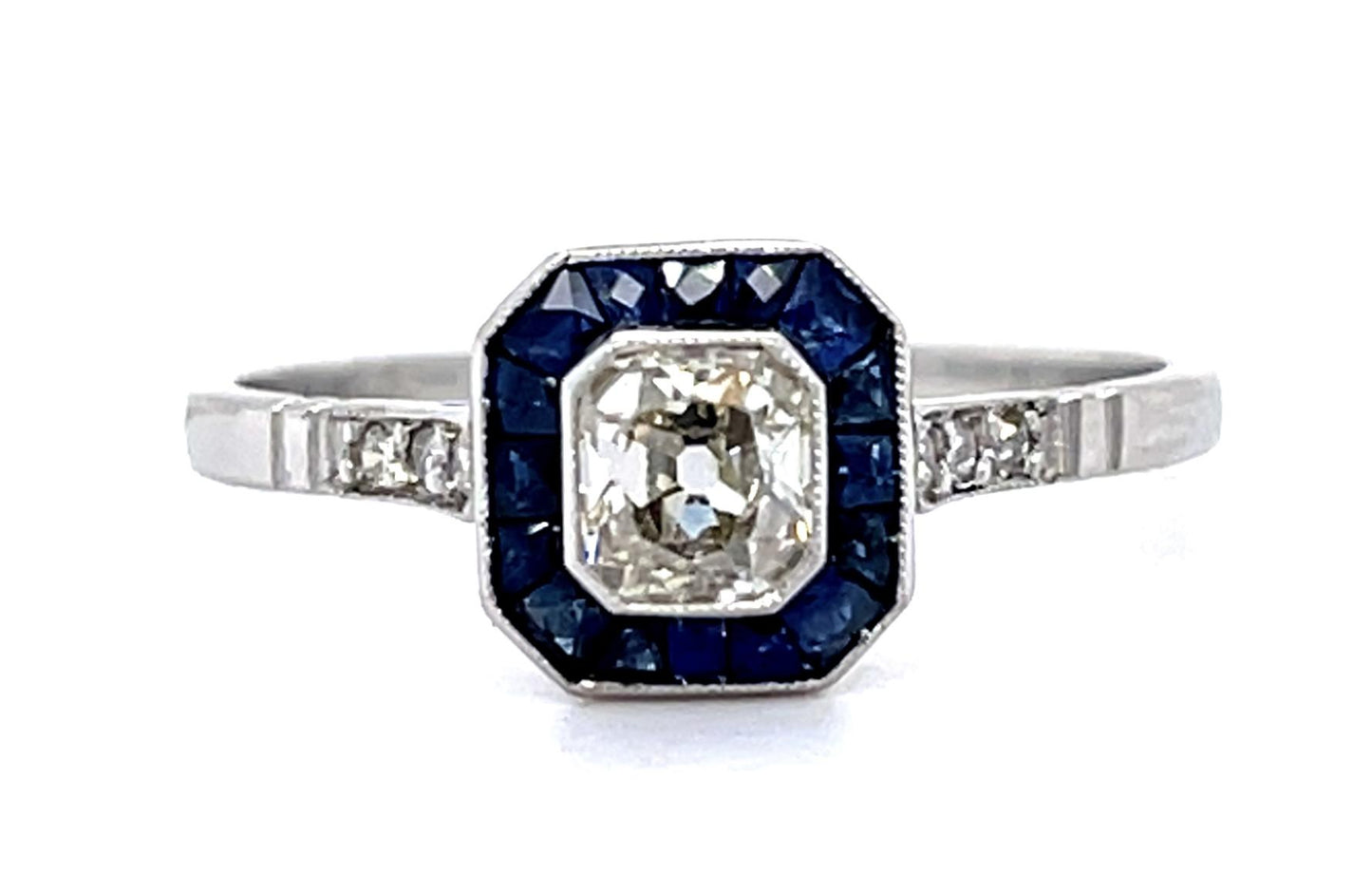 .35ct Antique Cushion Diamond .52ct Sapphire PT Handmade Ring