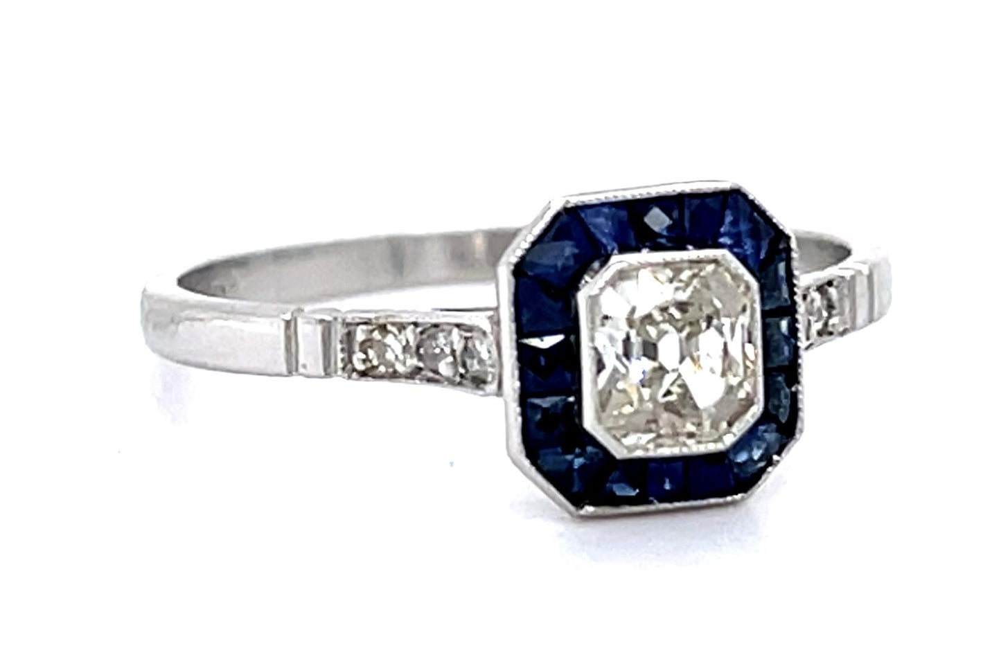 .35ct Antique Cushion Diamond .52ct Sapphire PT Handmade Ring