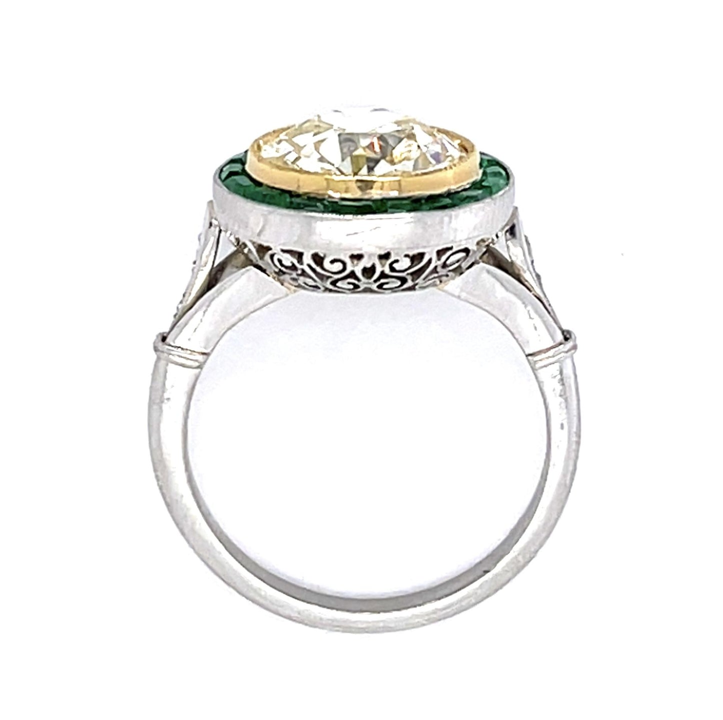 3.12ct Old European Diamond 1ct Emerald PT Handmade Ring