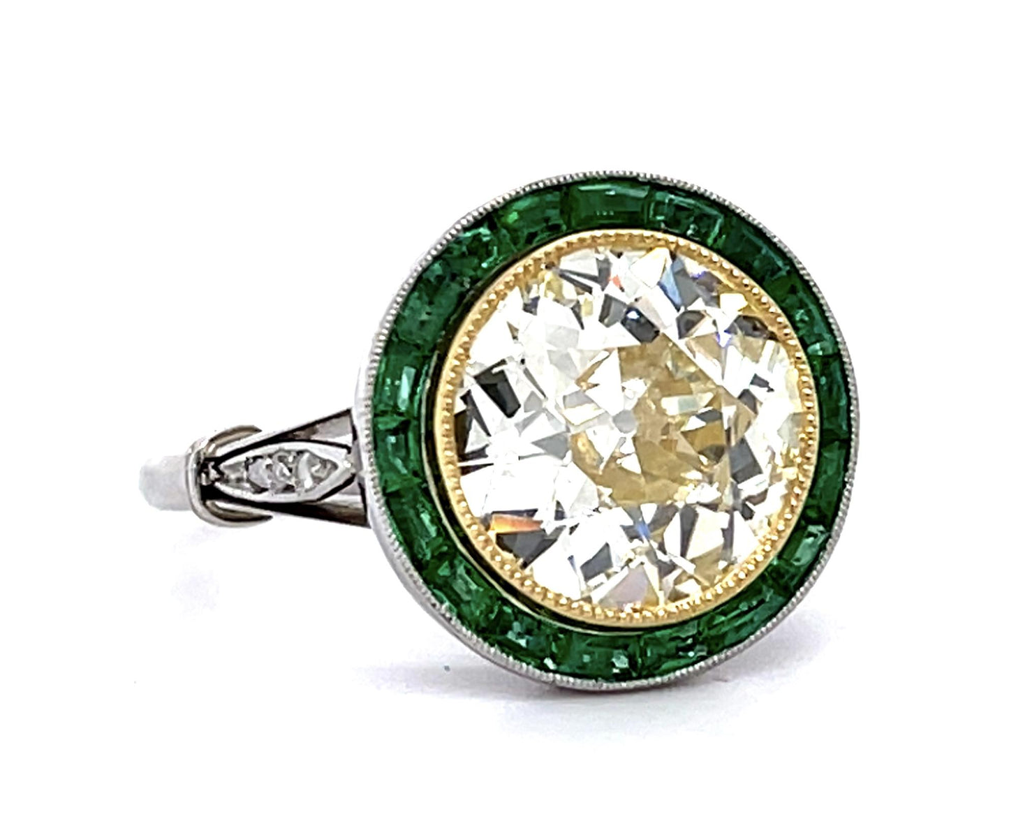3.12ct Old European Diamond 1ct Emerald PT Handmade Ring