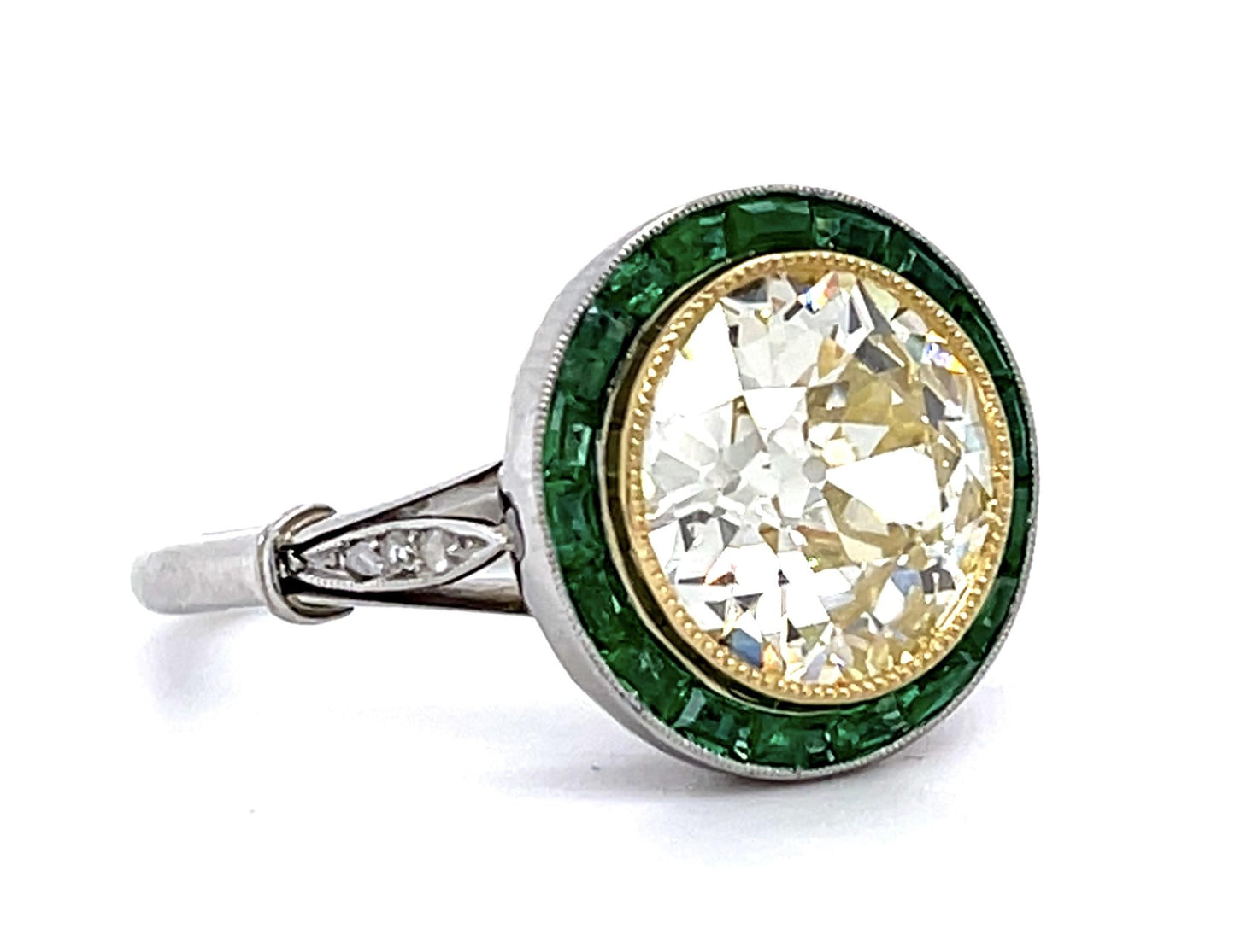 3.12ct Old European Diamond 1ct Emerald PT Handmade Ring