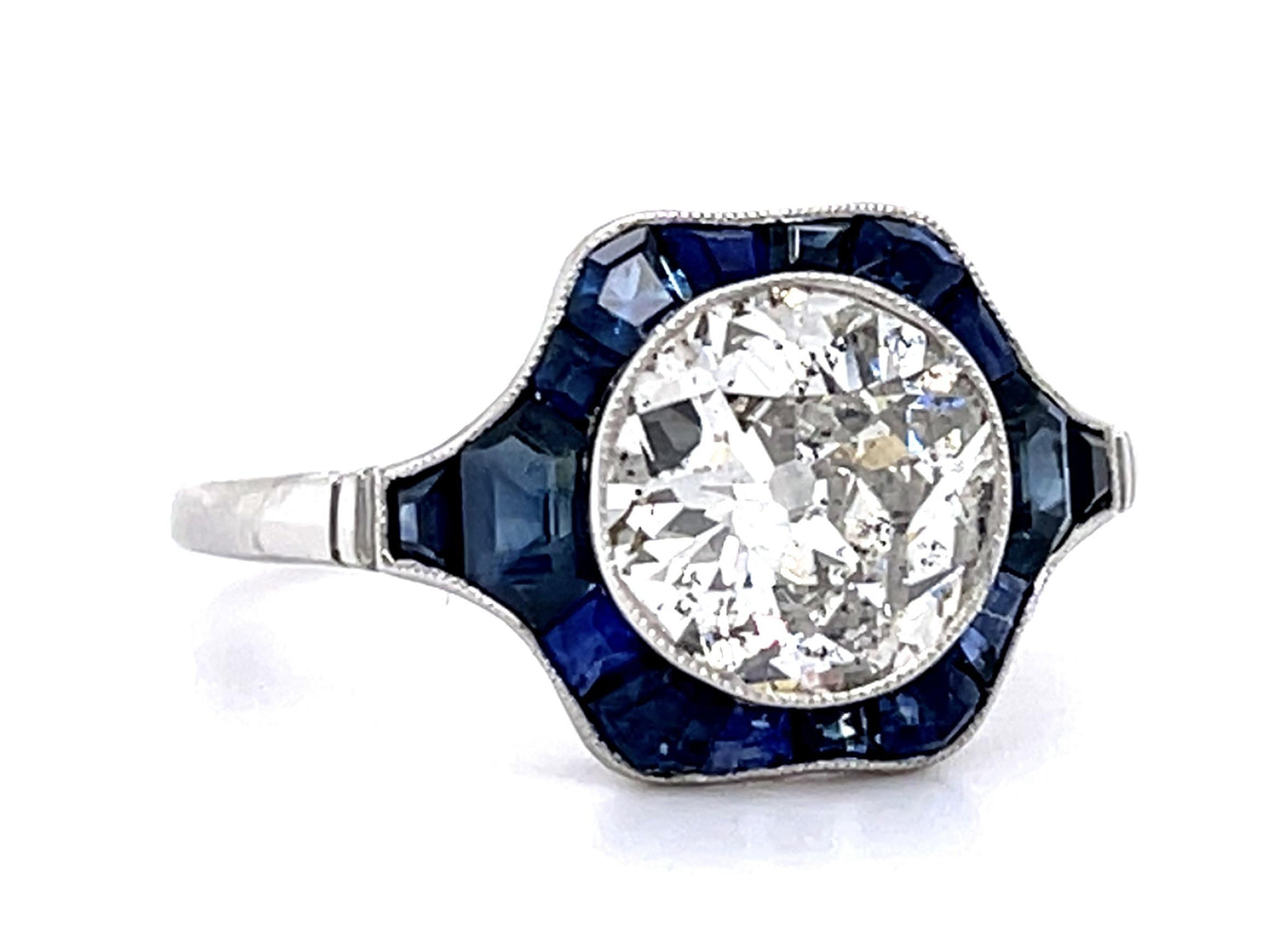 1.76ct Old European Diamond 1.55ct Sapphire PT Handmade Ring
