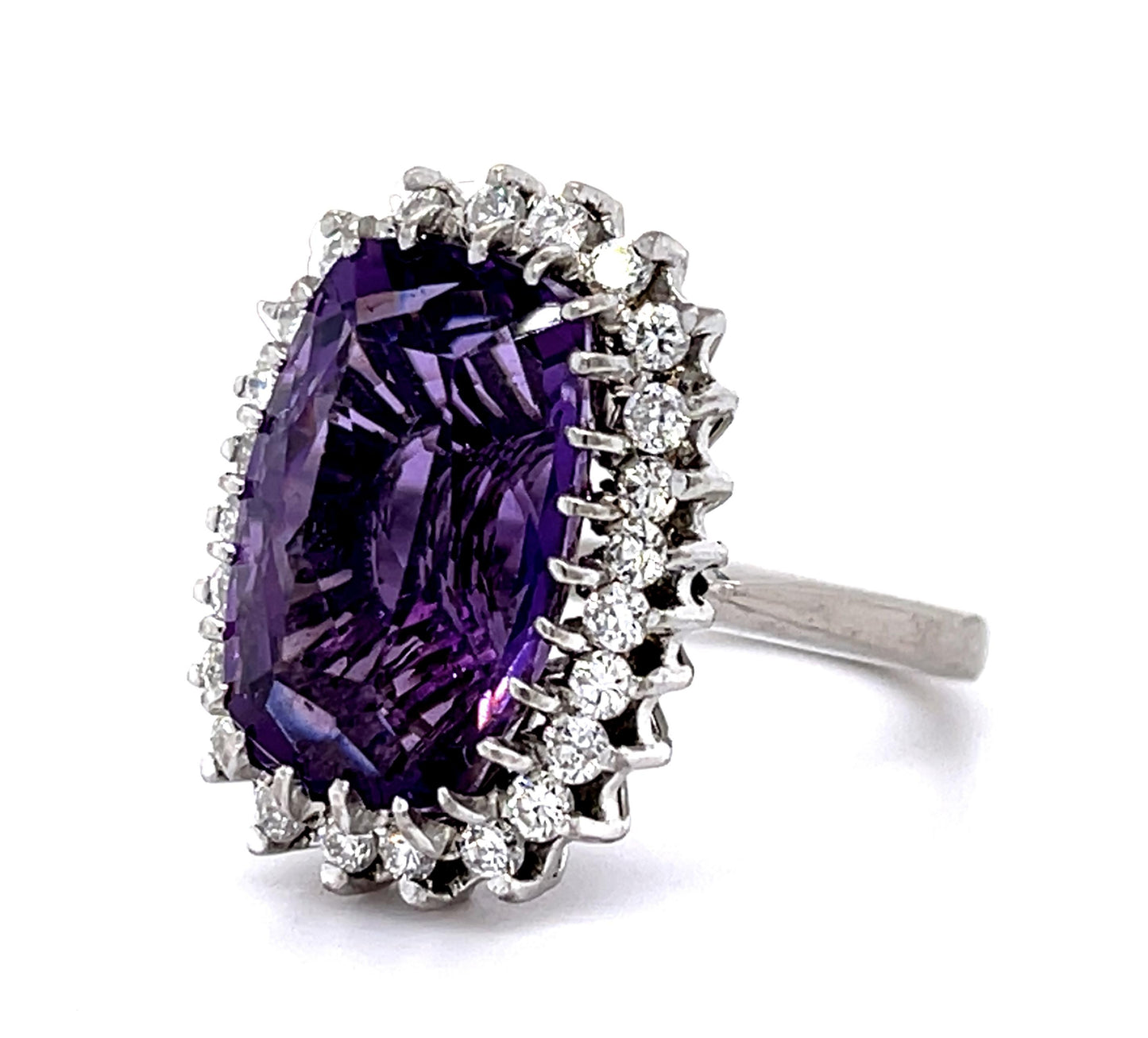 13ct Amethyst 1.20ct Diamond 18KW Handmade Ring (Vintage 1960s)