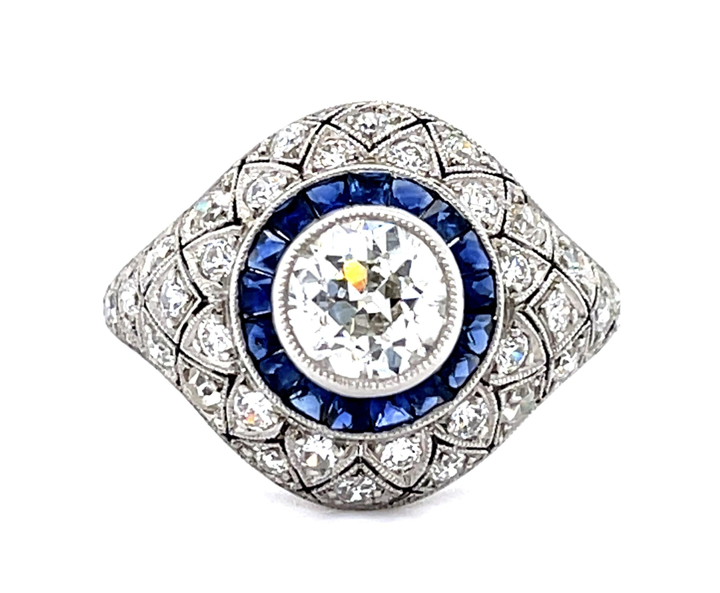 .91ct Old European Diamond Center .98ct Sapphire PT Handmade Ring .40ct SD