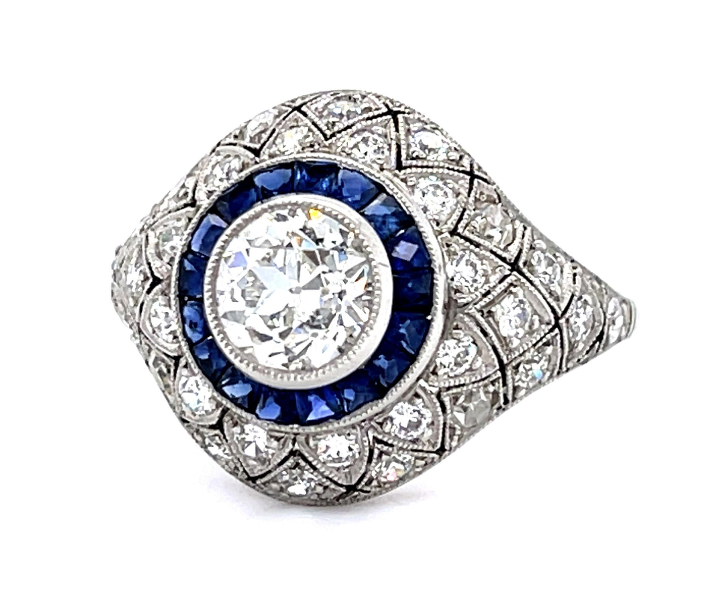 .91ct Old European Diamond Center .98ct Sapphire PT Handmade Ring .40ct SD
