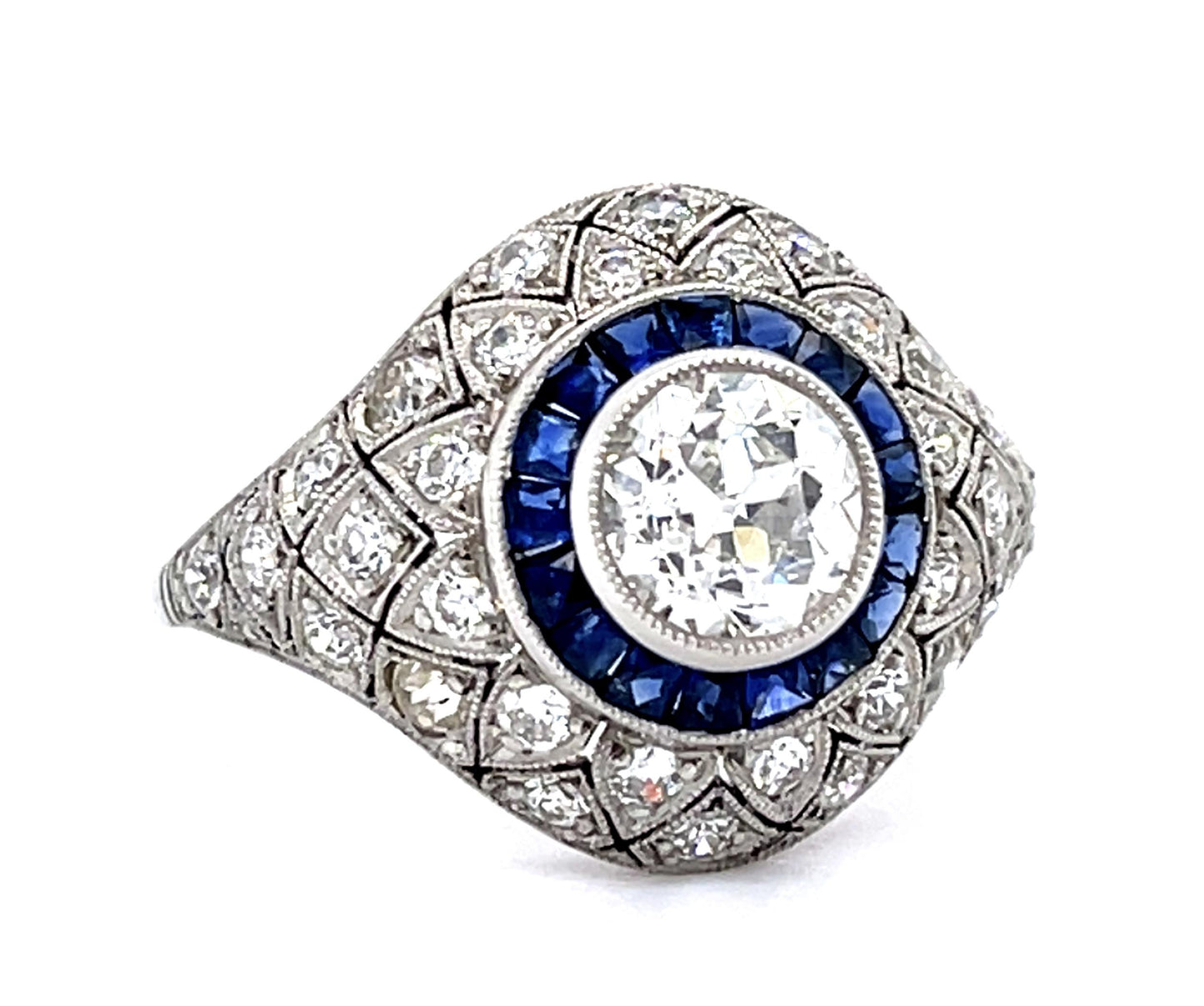 .91ct Old European Diamond Center .98ct Sapphire PT Handmade Ring .40ct SD