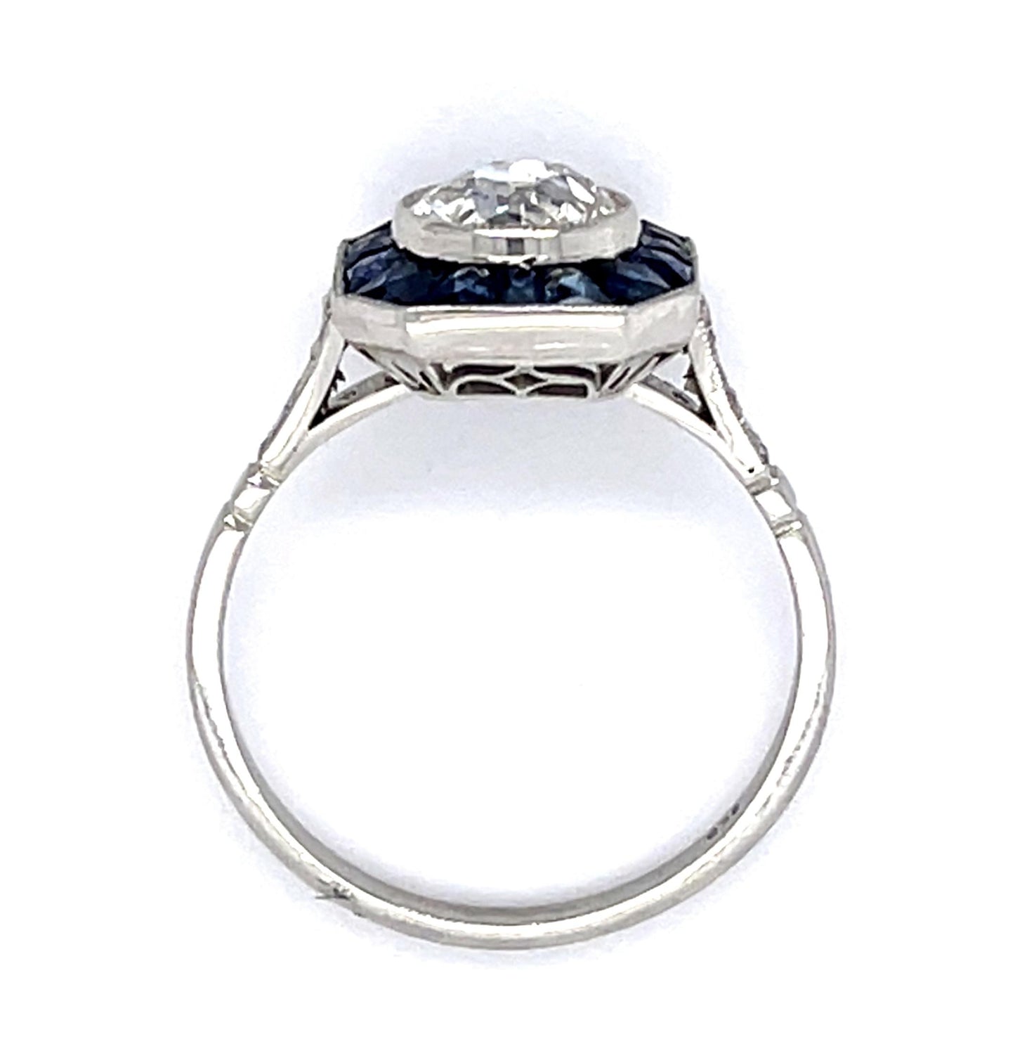 1.18ct Old European Diamond Center 1.10ct Sapphire PT Handmade Ring .14ct SD