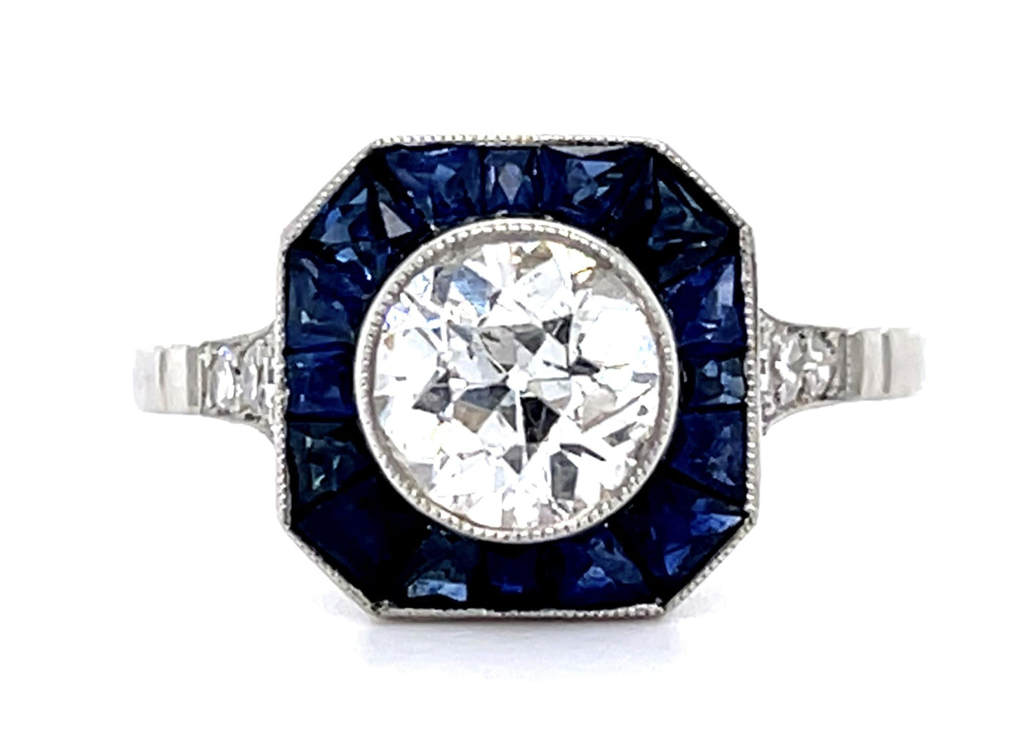 1.18ct Old European Diamond Center 1.10ct Sapphire PT Handmade Ring .14ct SD