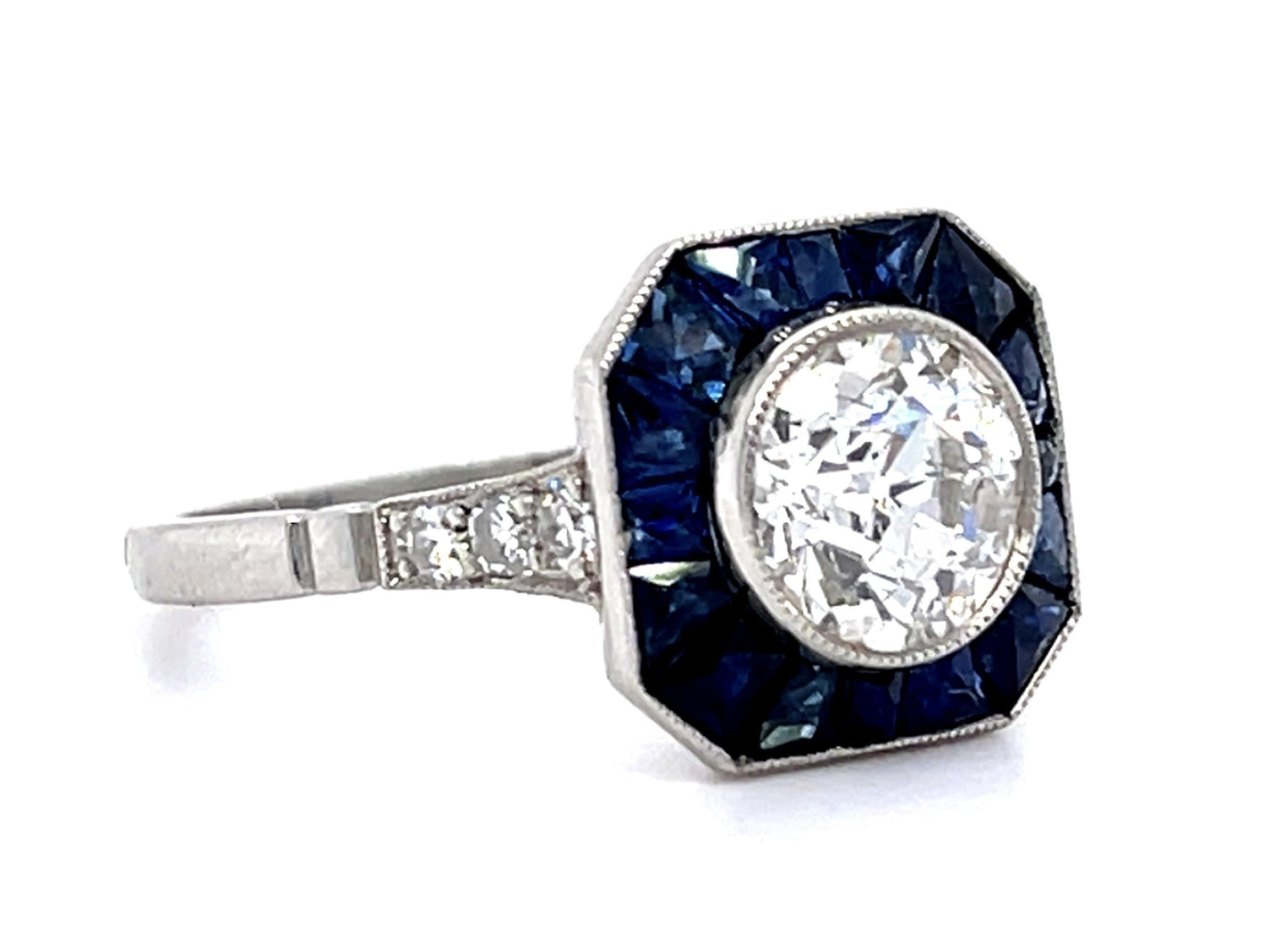 1.18ct Old European Diamond Center 1.10ct Sapphire PT Handmade Ring .14ct SD