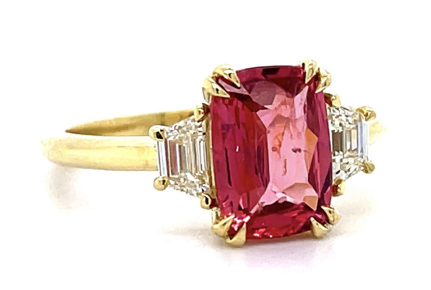 2.08ct Redish pink Mahenge Spinel .48ct Trapezoid Diamond 18KY Ring