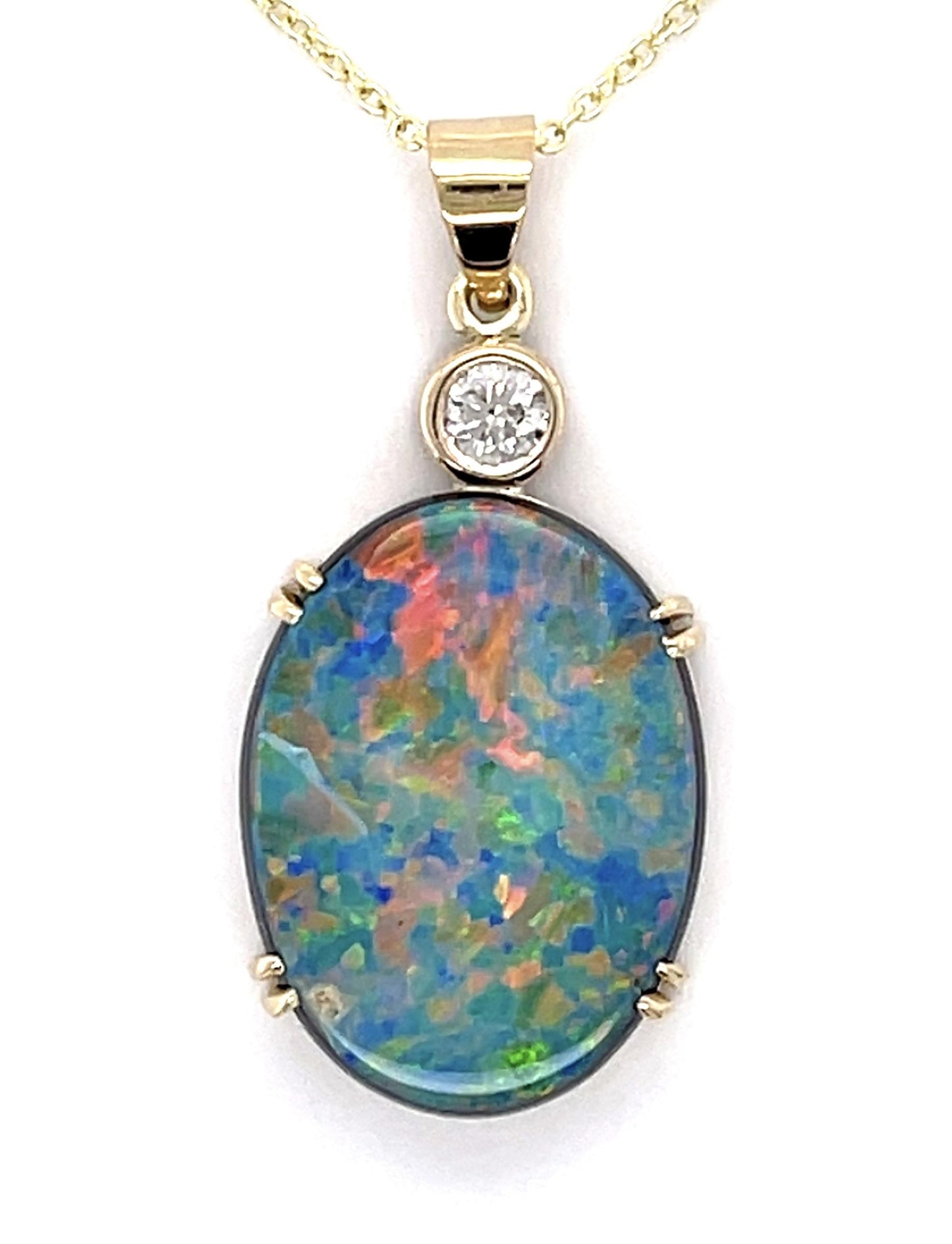 6.70ct Doublet Opal .17ct Diamond 14KY Handmade Pendant