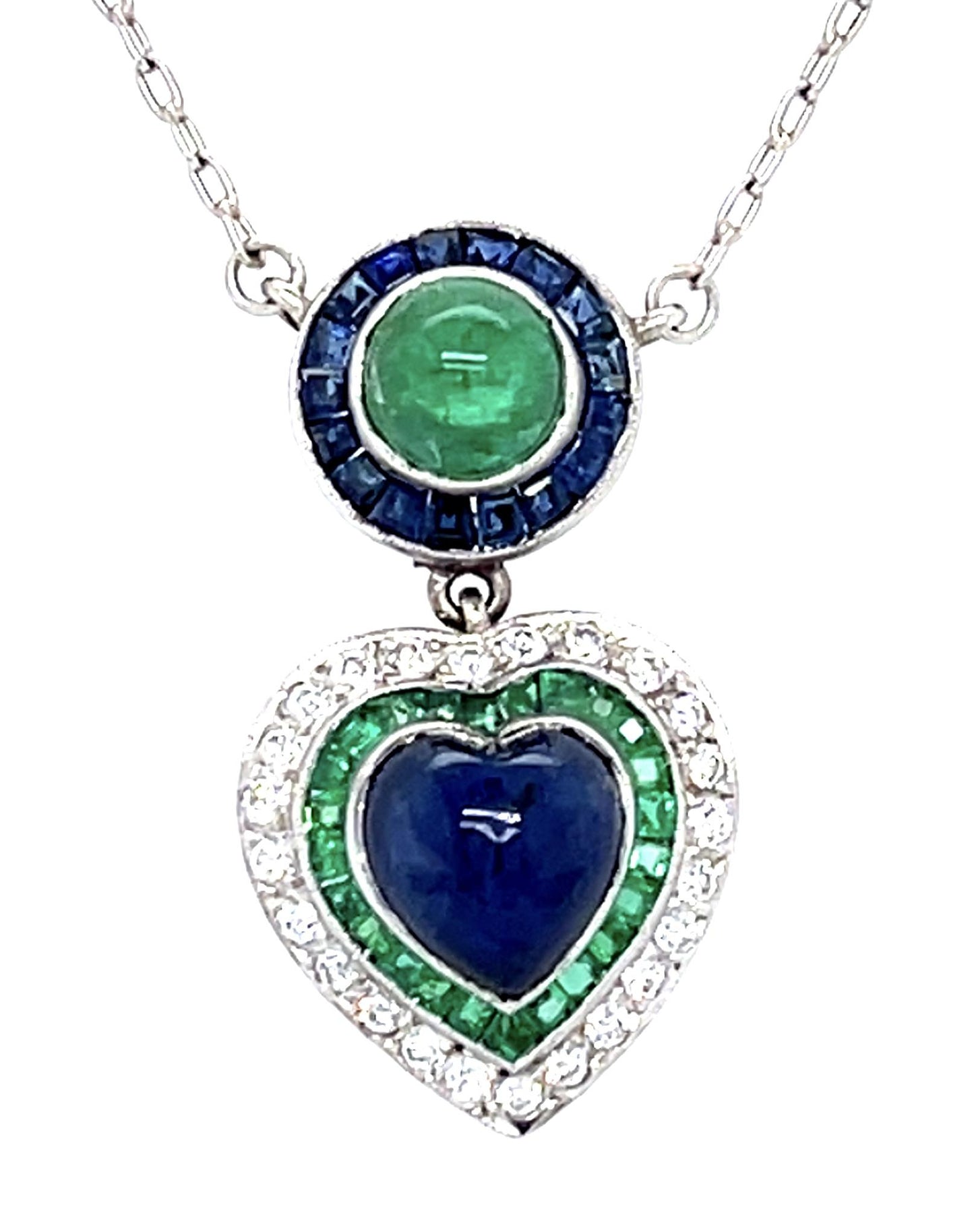 1.60ct Heart Sapphire 1ct Cab Eme .22ct Dia Platinum Handmade pendant .33ct SD