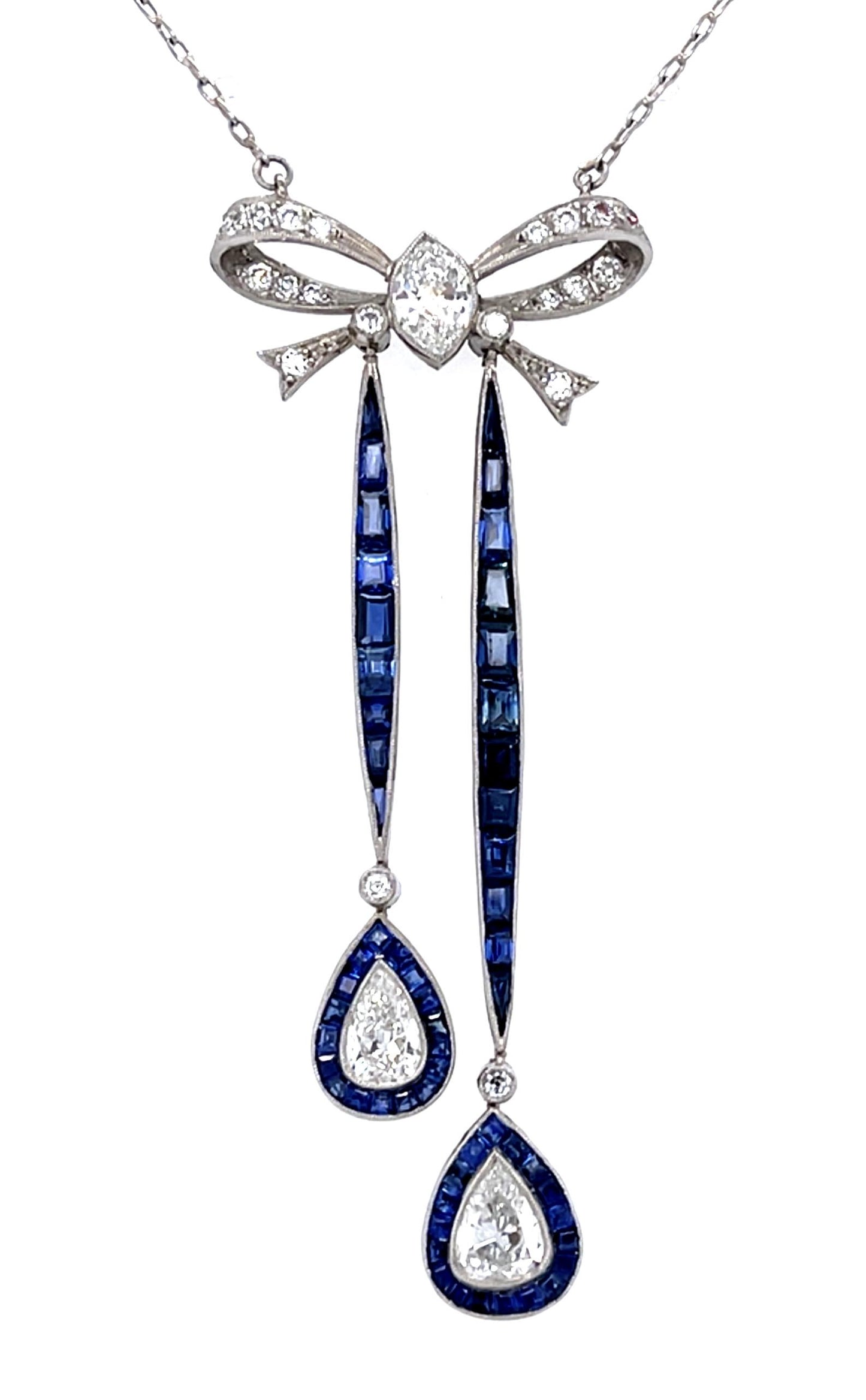 1.50ct Antique Pear Diamond 4ct Sapphire Platinum Handmade Negligee Pendant
