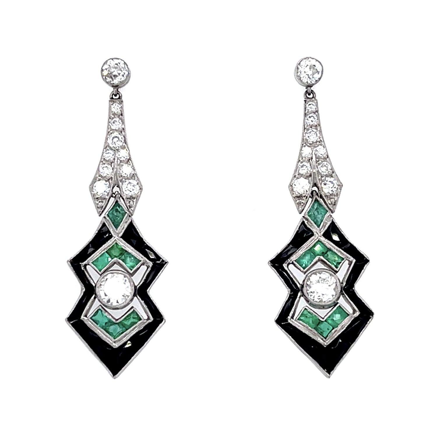 .84ct (4 Center Diamonds) .84ct Emerald+Onyx PT Handmade Drop Earrings .44 SD