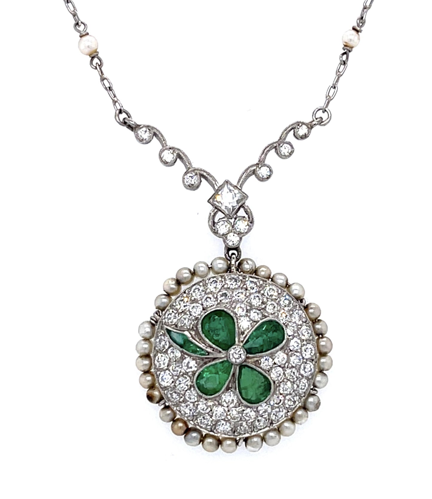 1ct Four Leaf Clover Emerald .20ct French-cut Diamond+Natural Pearl PT Pendant
