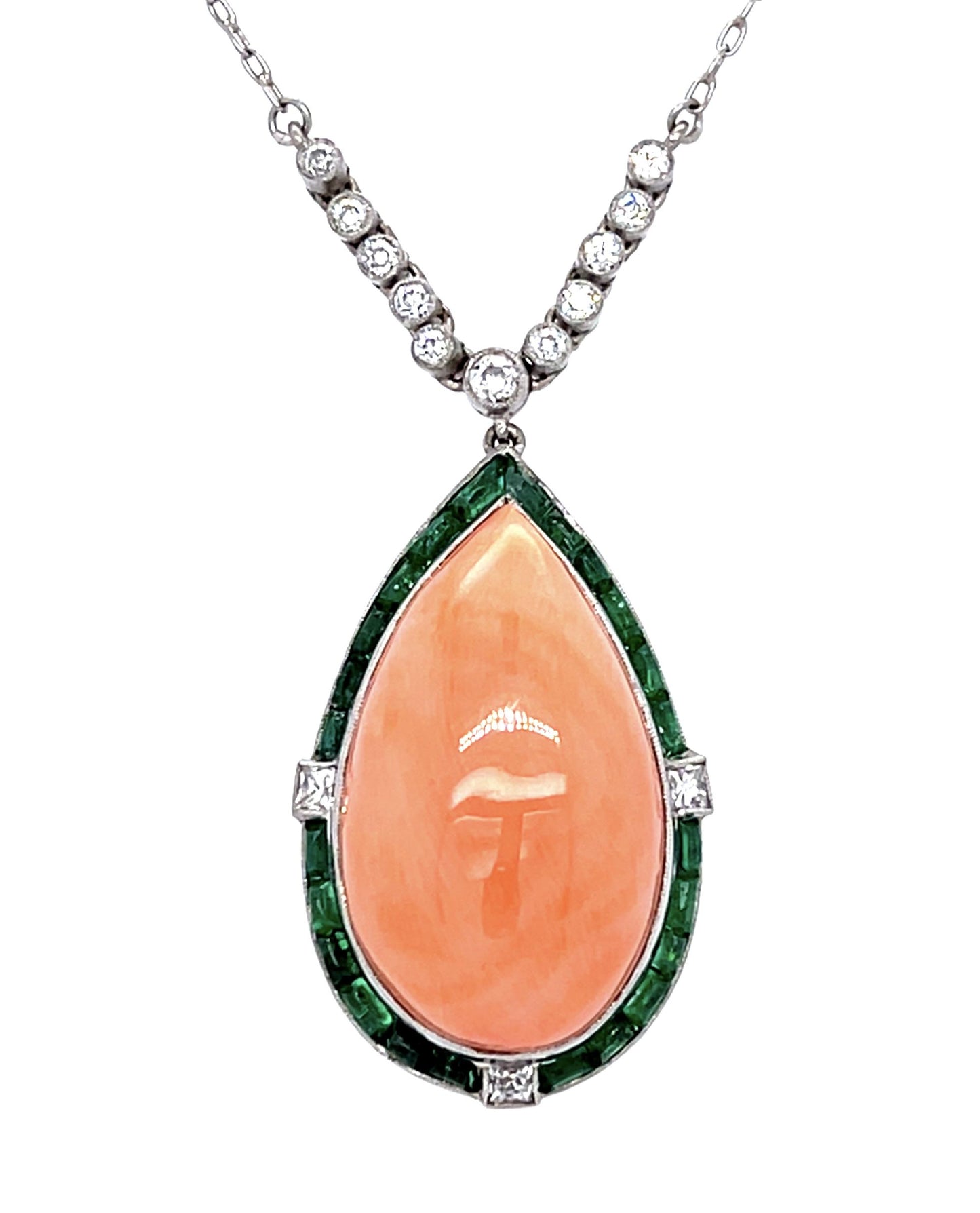 23ct Pear-shaped Coral .44ct Diamond 2.06ct Emerald Platinum Handmade Necklace