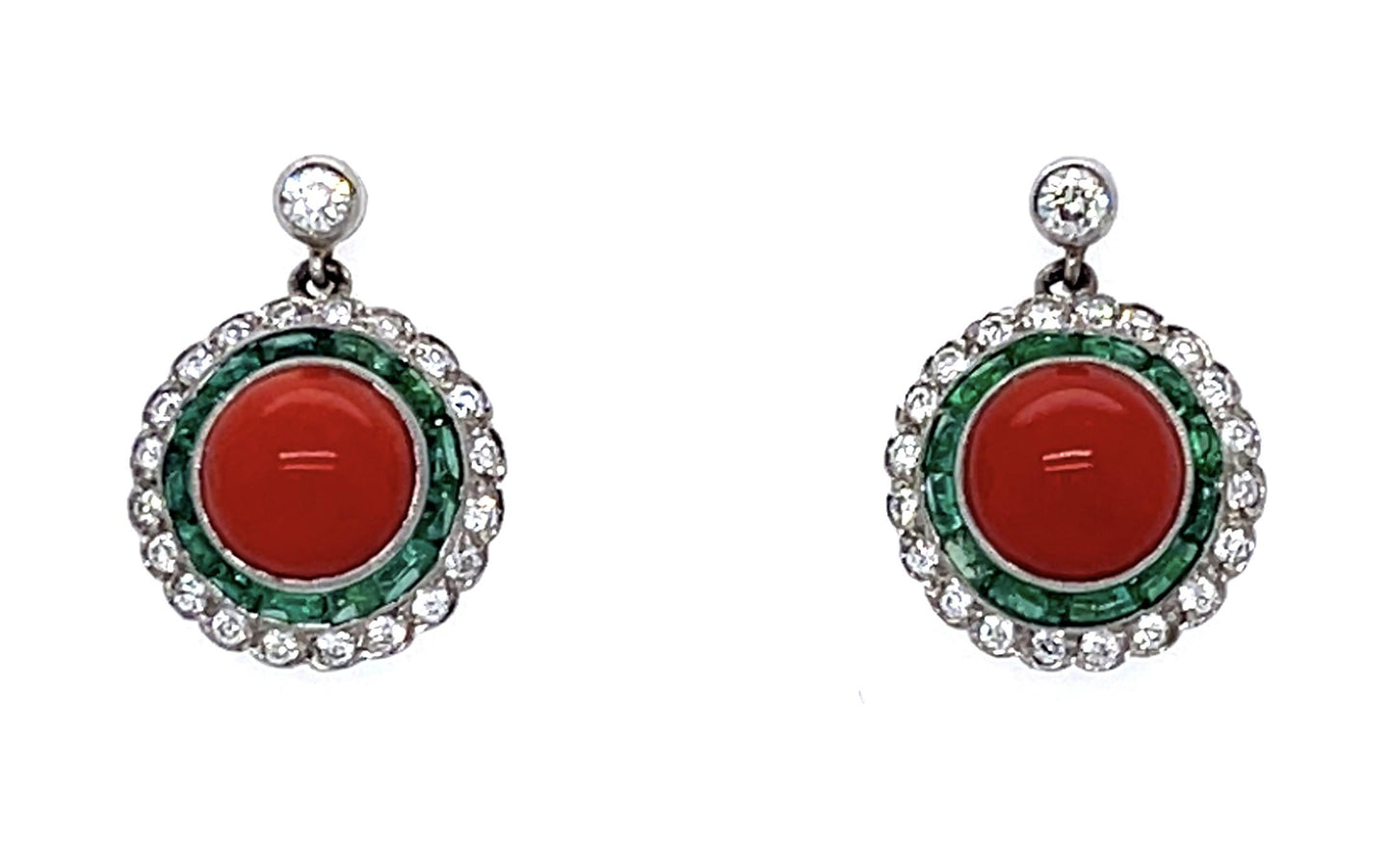 Coral 1.36ct Emerald .51ct Diamond PT Handmade Earrings