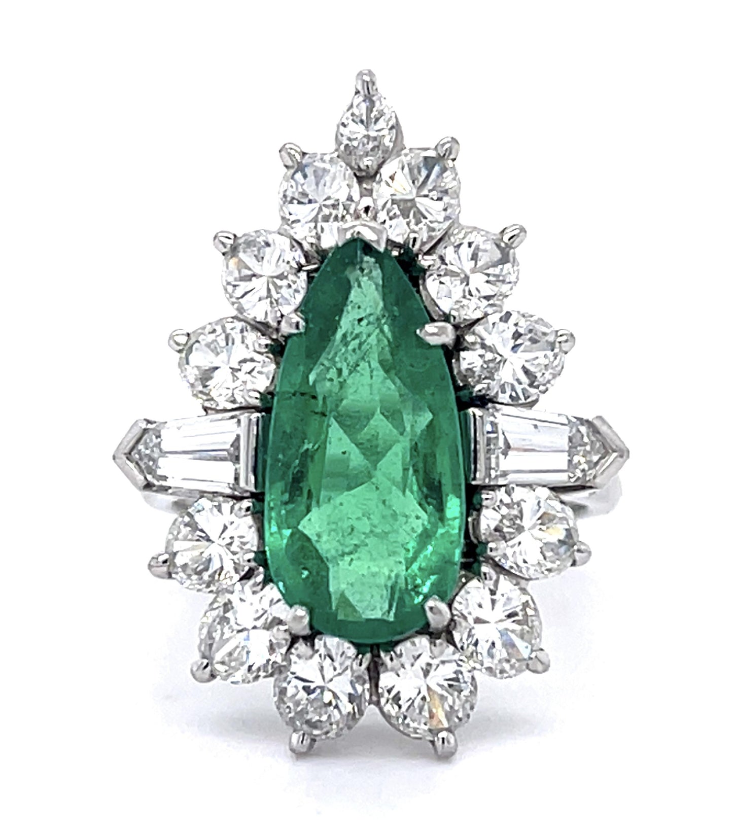 3.75ct Colombia Minor Oil F1 Pear Emerald 2ct Ovals .40ct Baguette PT Ring