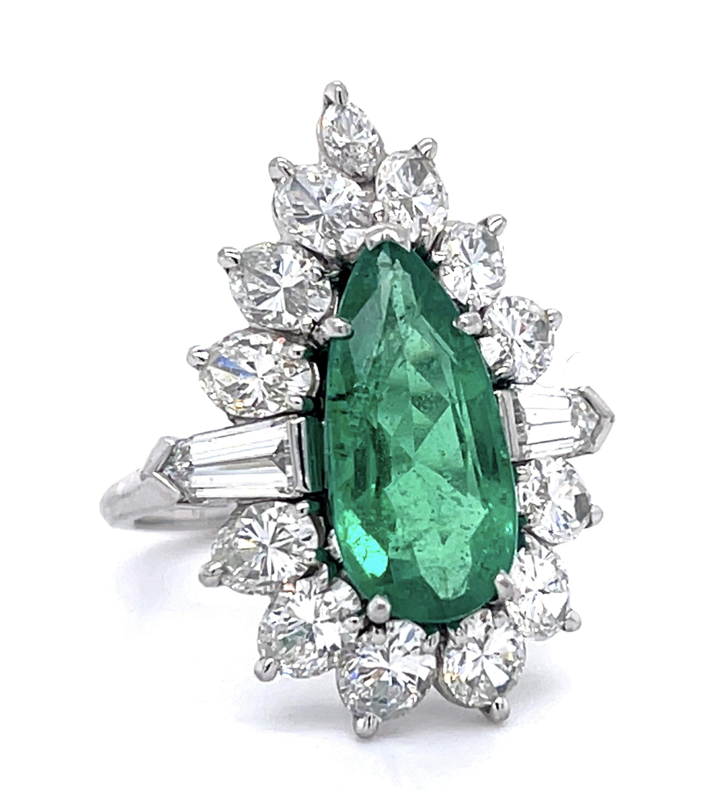 3.75ct Colombia Minor Oil F1 Pear Emerald 2ct Ovals .40ct Baguette PT Ring