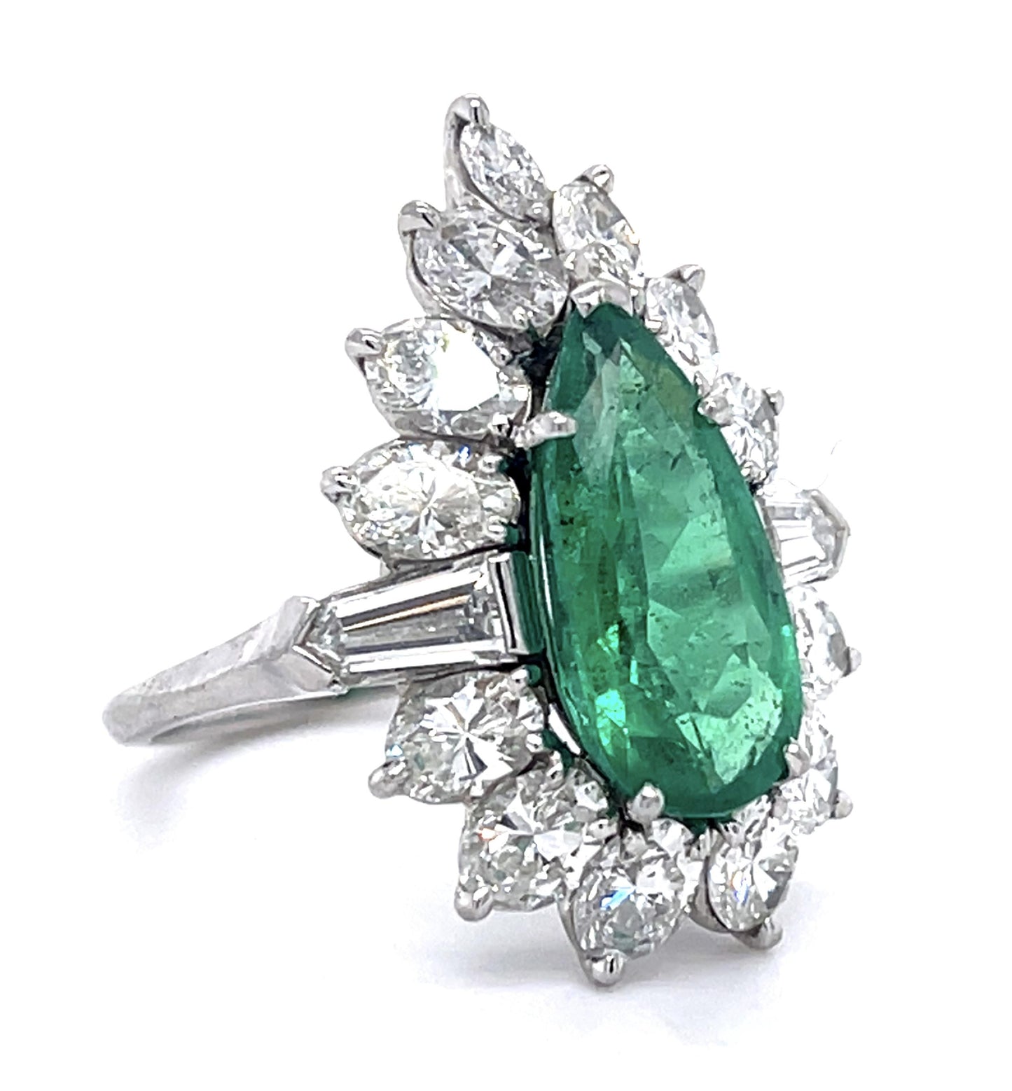 3.75ct Colombia Minor Oil F1 Pear Emerald 2ct Ovals .40ct Baguette PT Ring