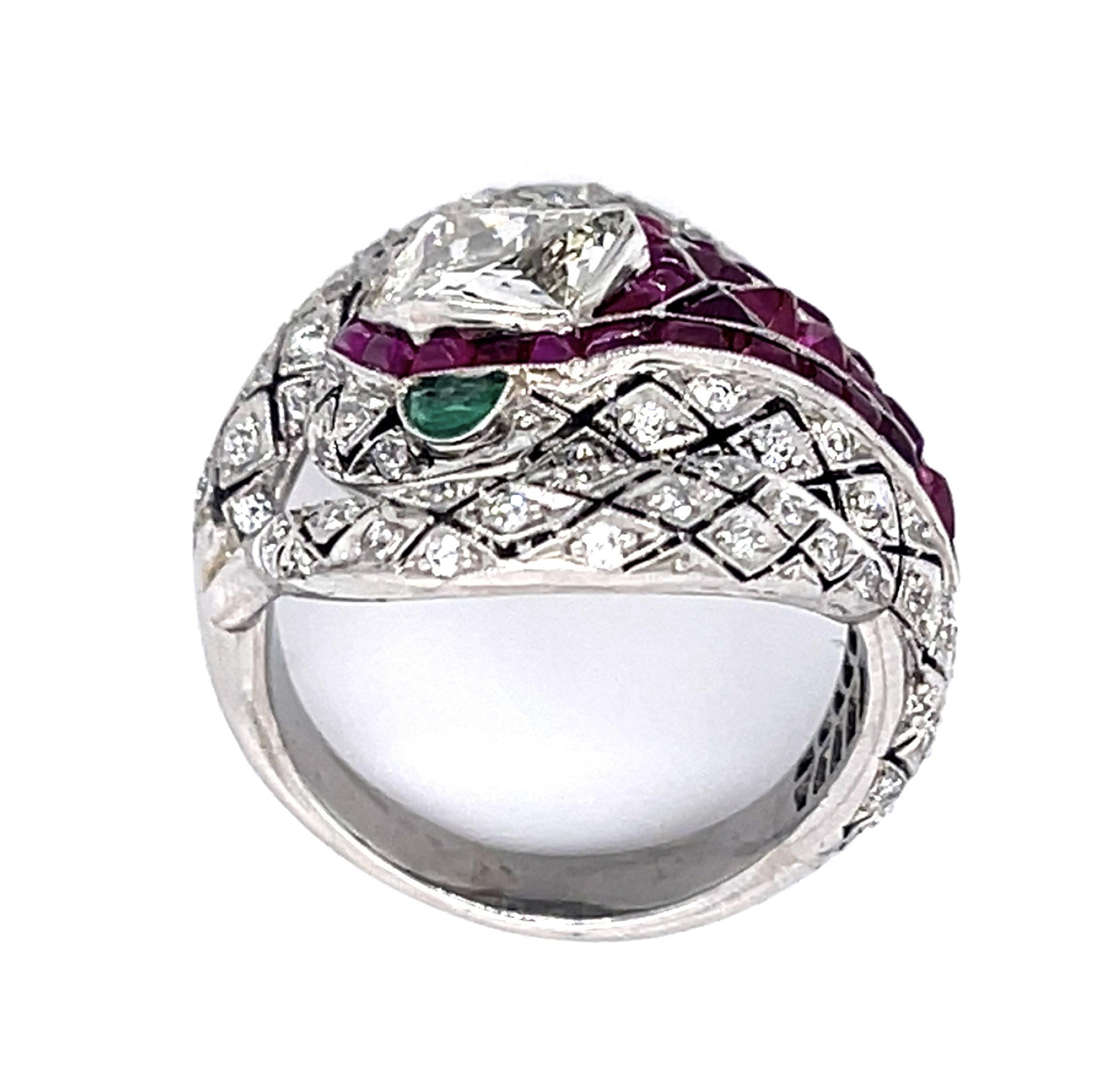 1.11ct Modified Hexagon Dia 3ct Ruby PT Handmade Snake Ring .86ct SD