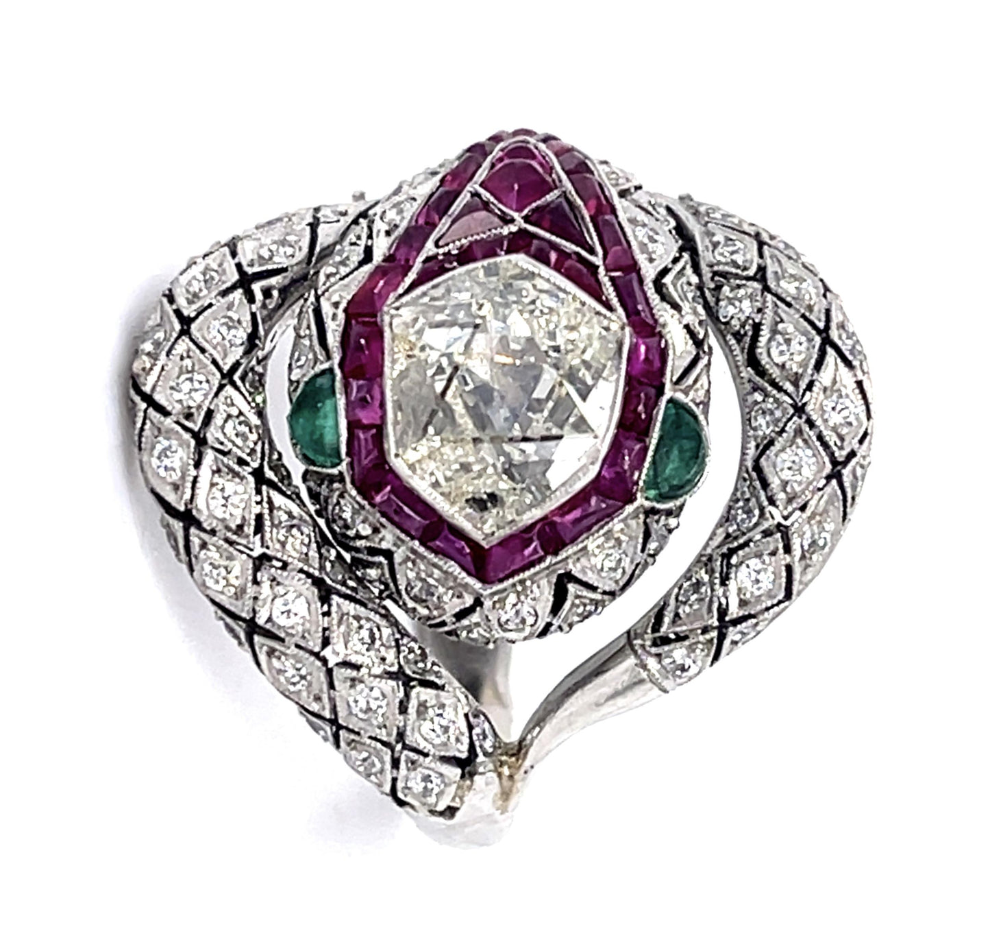 1.11ct Modified Hexagon Dia 3ct Ruby PT Handmade Snake Ring .86ct SD