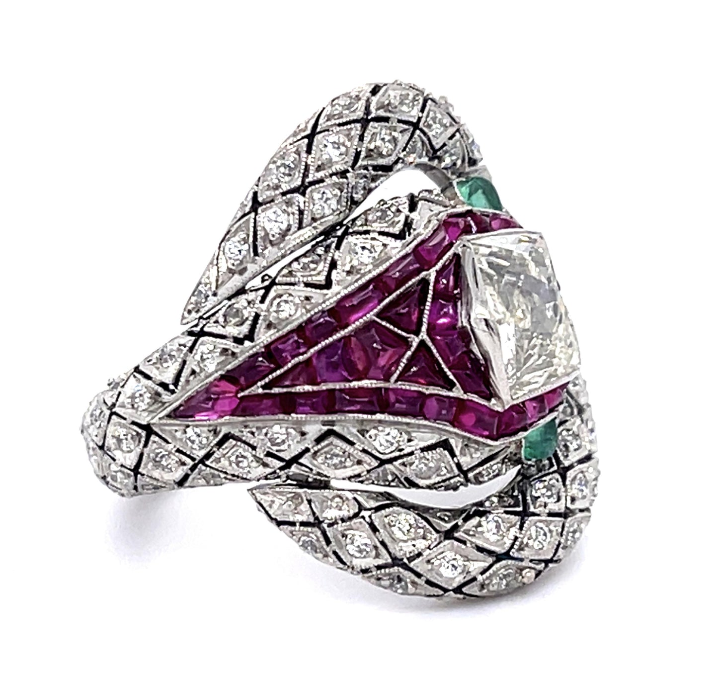 1.11ct Modified Hexagon Dia 3ct Ruby PT Handmade Snake Ring .86ct SD
