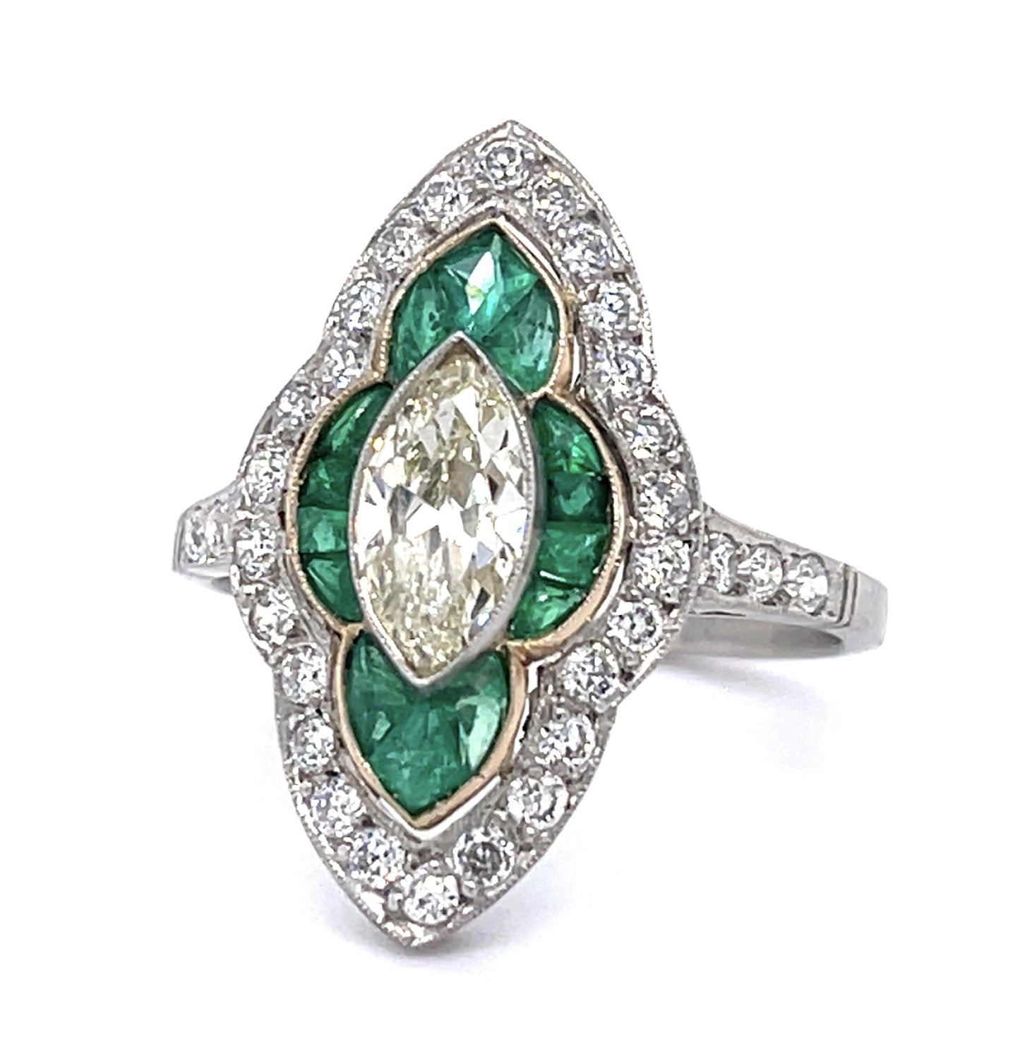 .81ct Antique Marquise Dia 1.60ct Emerald PT Handmade Ring .67ct SD