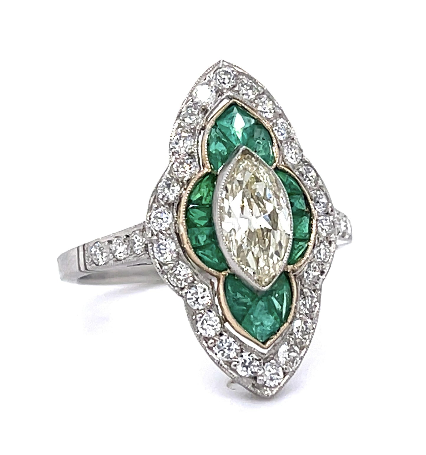 .81ct Antique Marquise Dia 1.60ct Emerald PT Handmade Ring .67ct SD