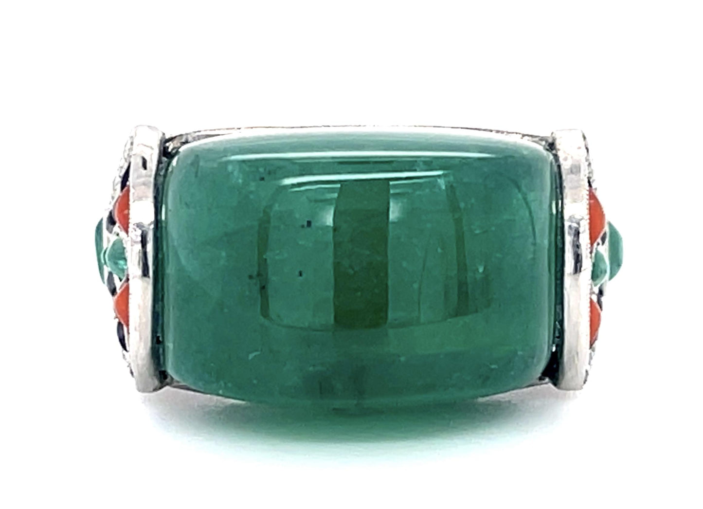 16ct Cabochon Emerald .60ct Diamond+Onyx and Coral PT Handmade Ring 10.80g