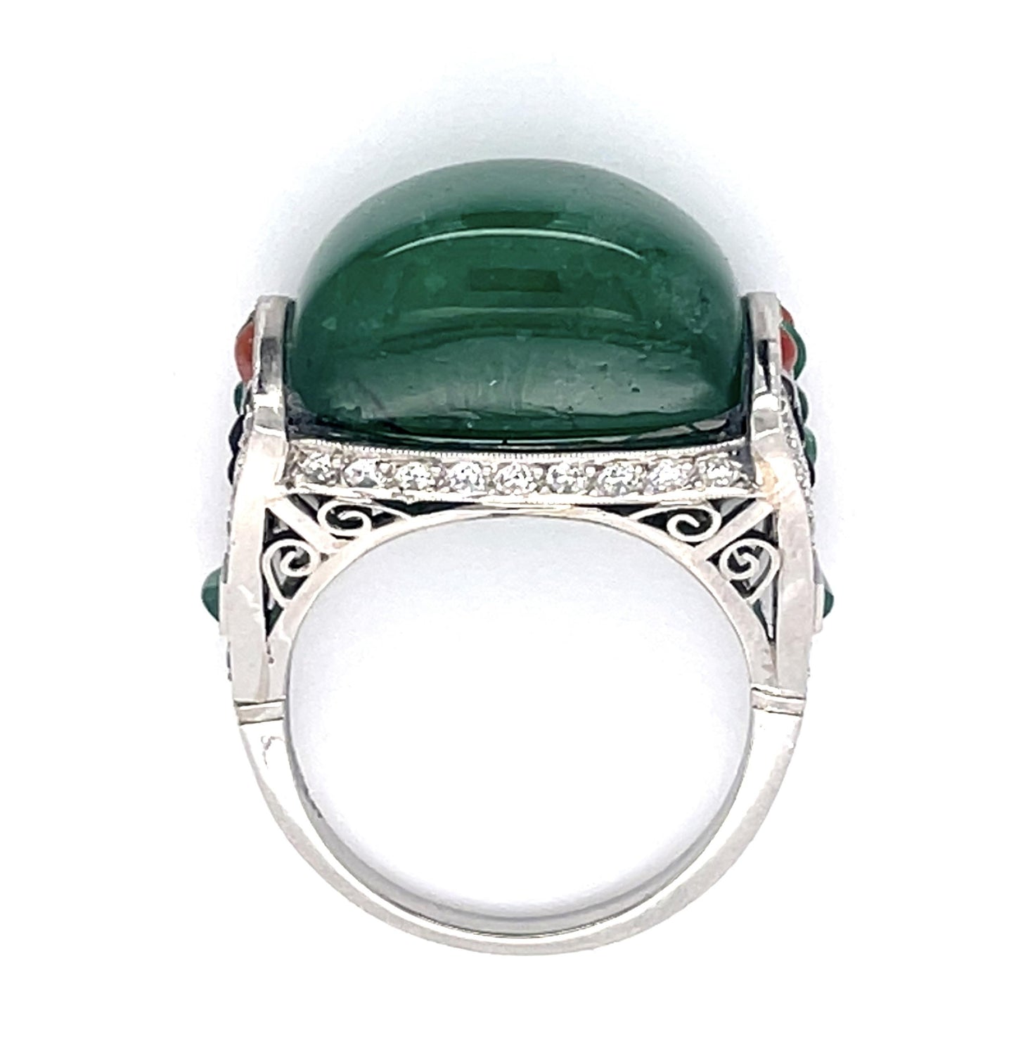 16ct Cabochon Emerald .60ct Diamond+Onyx and Coral PT Handmade Ring 10.80g