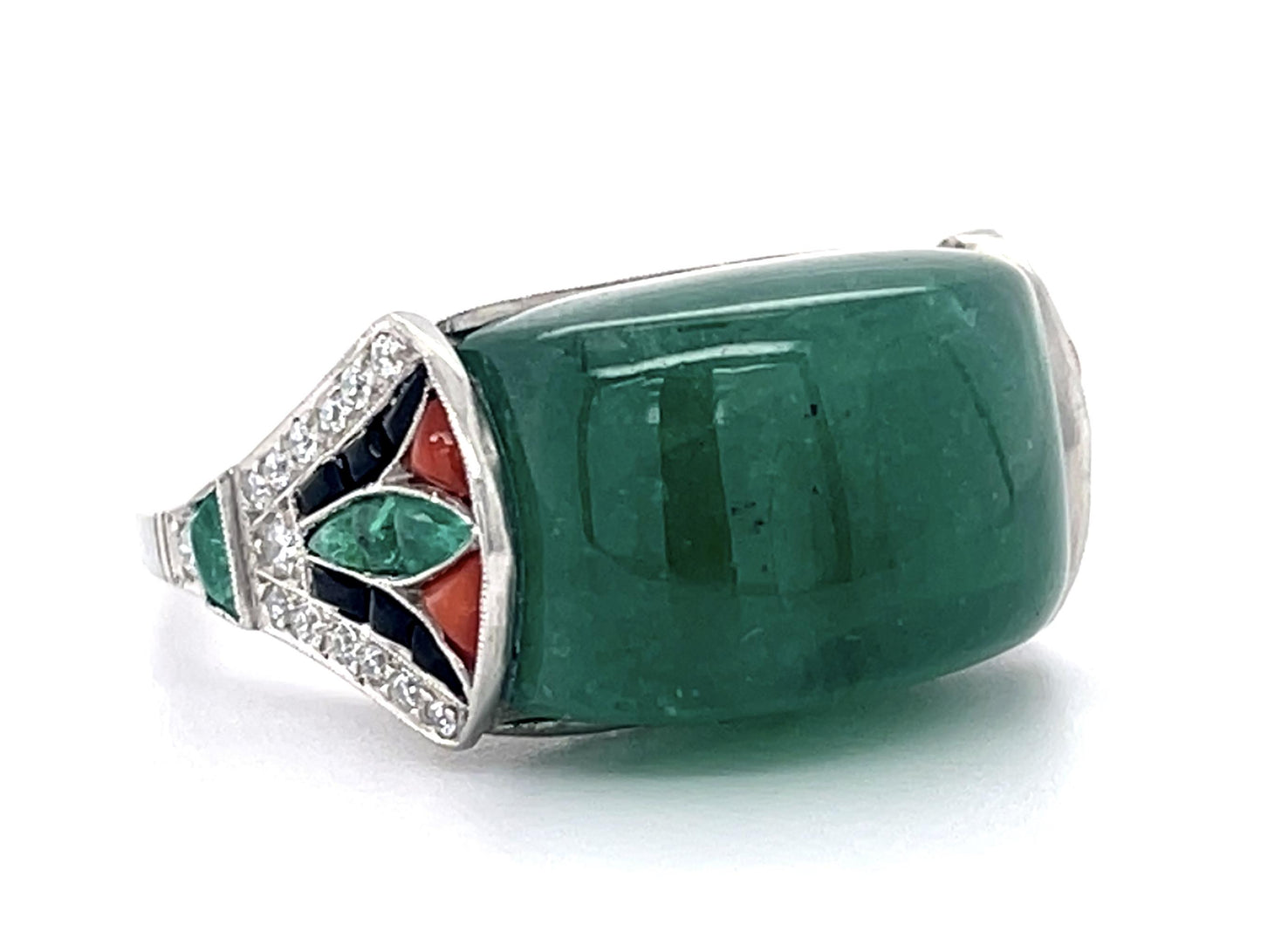 16ct Cabochon Emerald .60ct Diamond+Onyx and Coral PT Handmade Ring 10.80g
