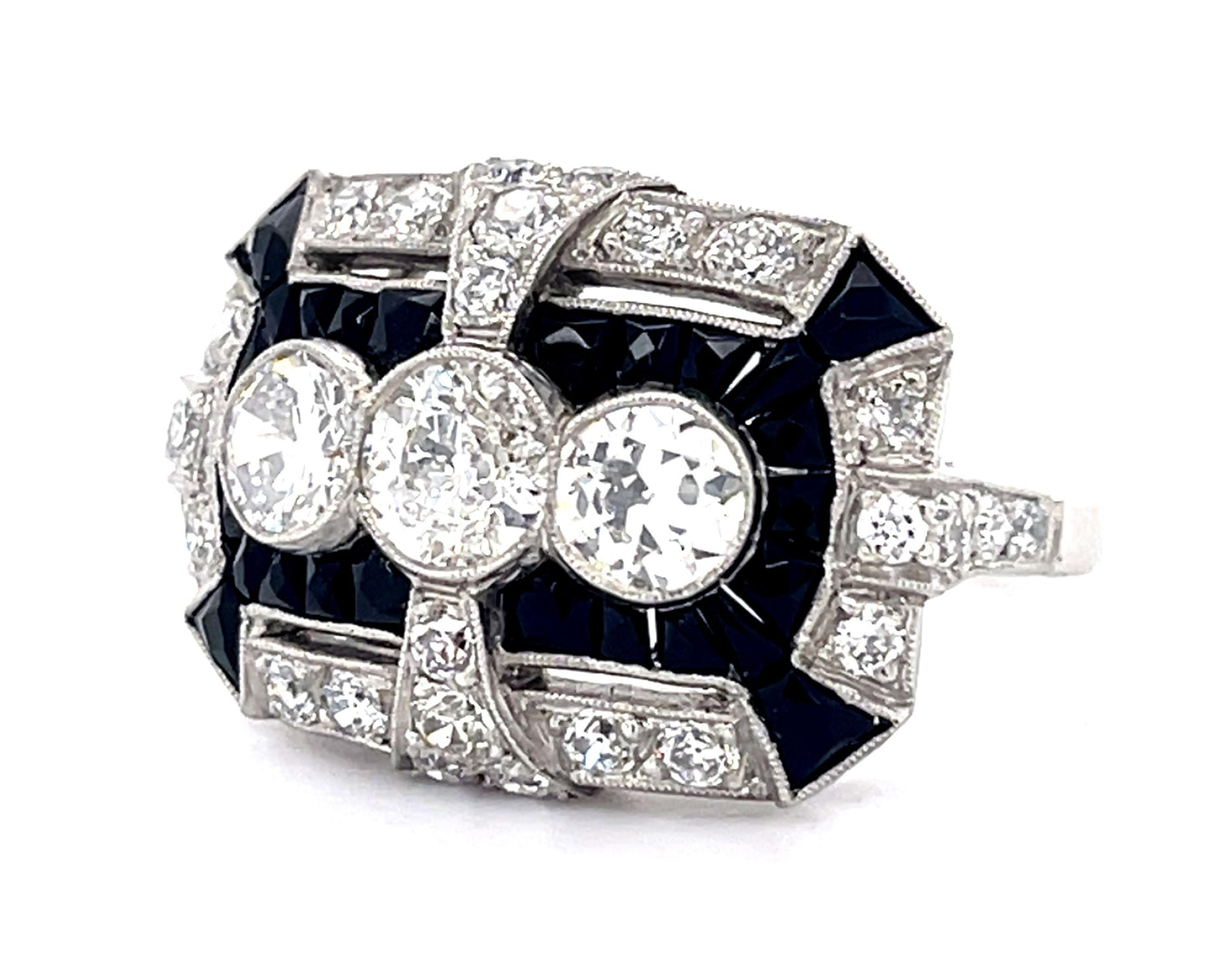 1.25ct Old European Diamond + Onyx PT Handmade Ring .95ct SD