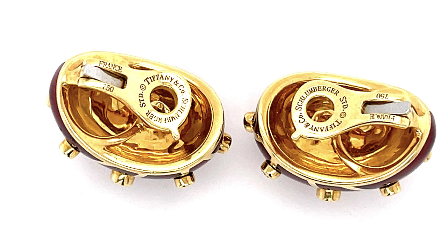 Tiffany & Co. Schlumberger .40ct Diamond + Enamel 18KY Banana Clip Earrings