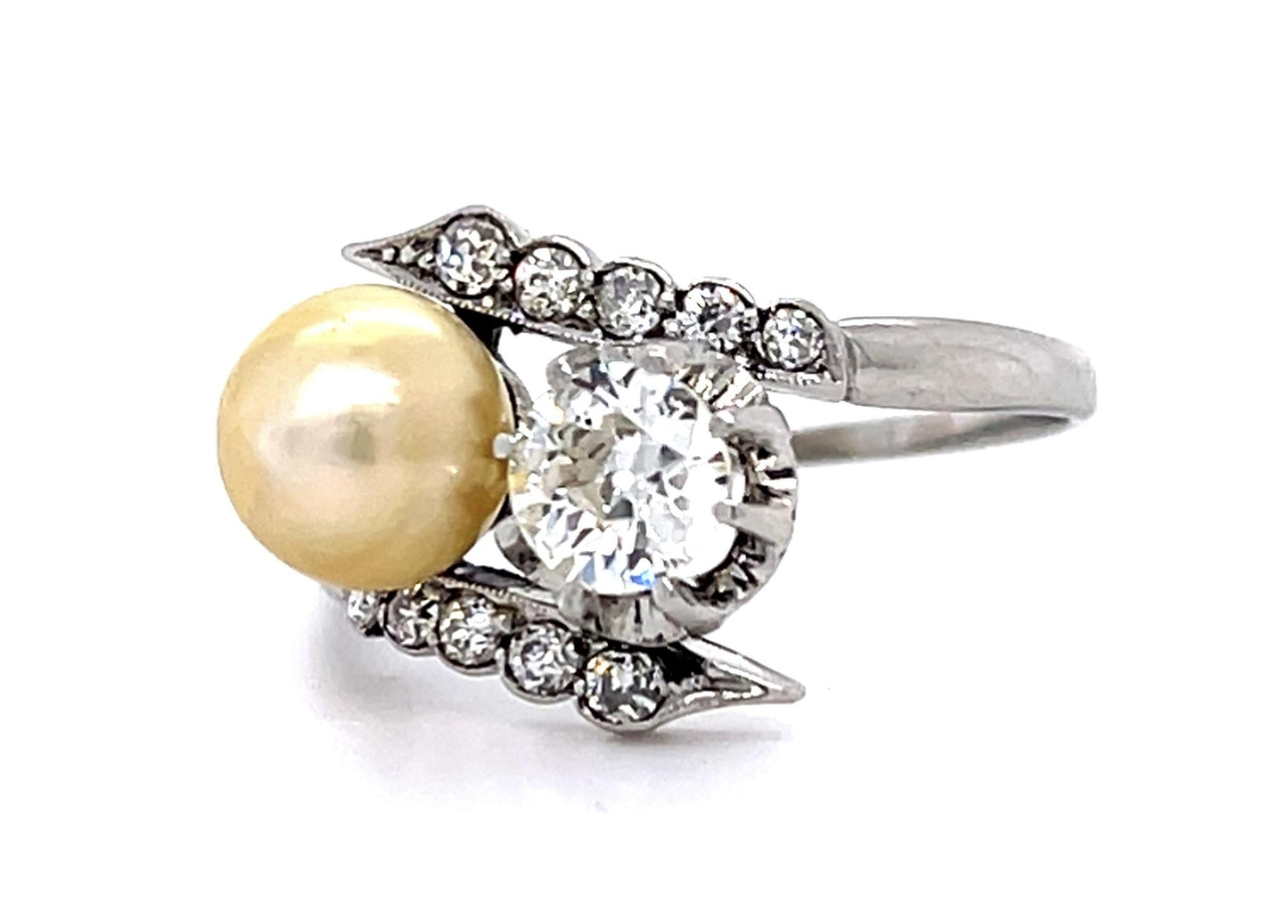 Art Deco .50ct Old Euro Dia 6.90mm Natural Pearl PT Handmade Ring Antique 1920s