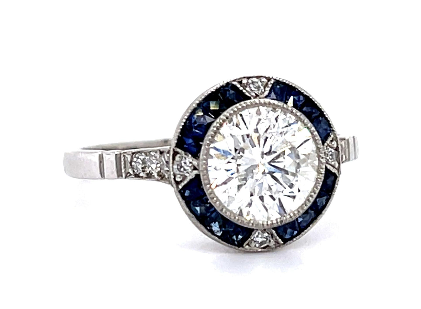 1.34ct Round Diamond .60ct Sapphire PT Handmade Ring .10ct SD