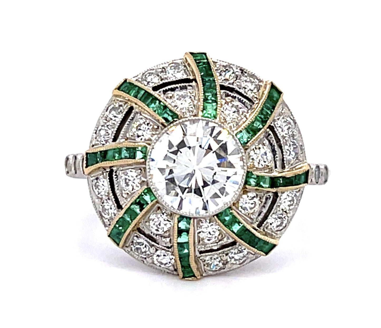 1.04ct Round Diamond .80ct Emerald PT Handmade Ring .84ct SD