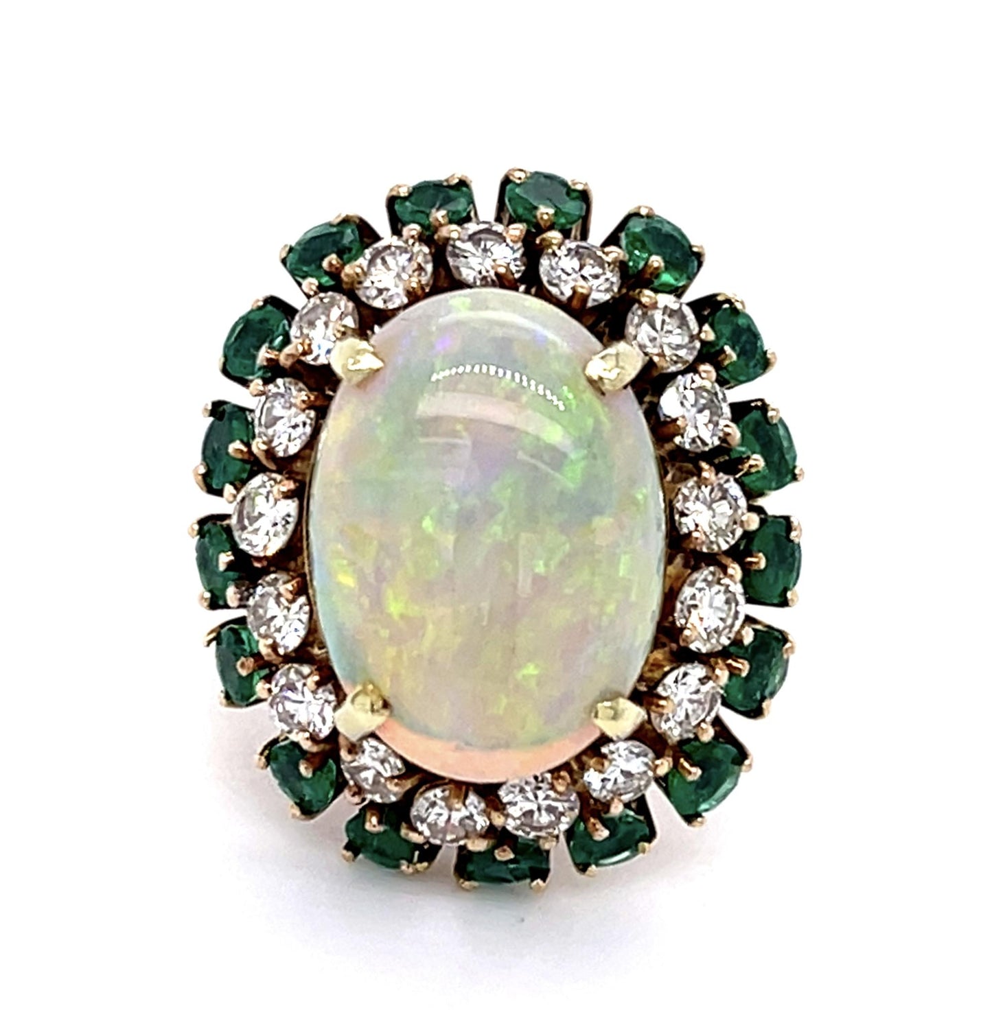7.50ct Australian Opal 1.90ct Diamond 1.60ct Emerald 14KY Ring (Vintage 1960s)