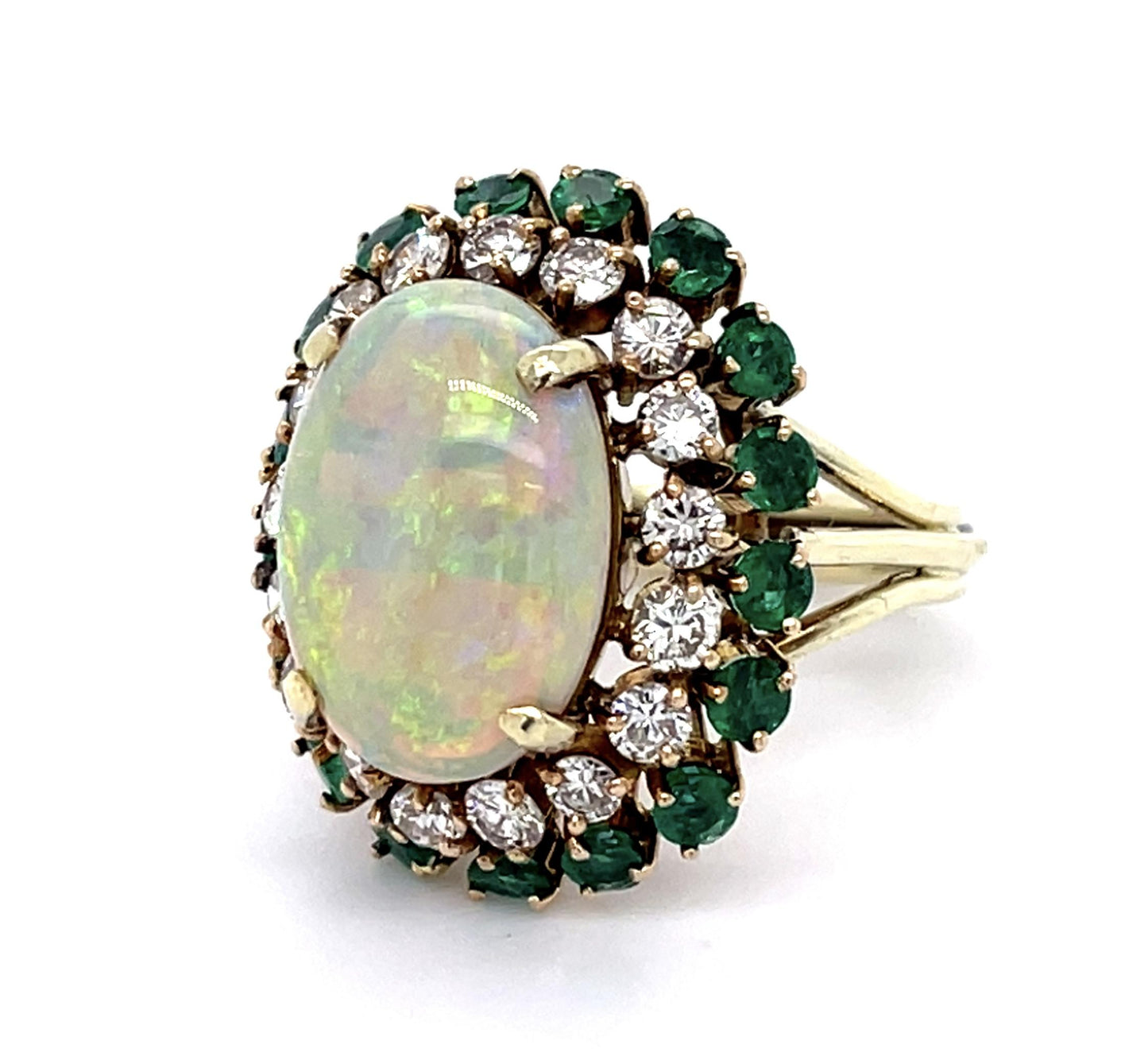 7.50ct Australian Opal 1.90ct Diamond 1.60ct Emerald 14KY Ring (Vintage 1960s)