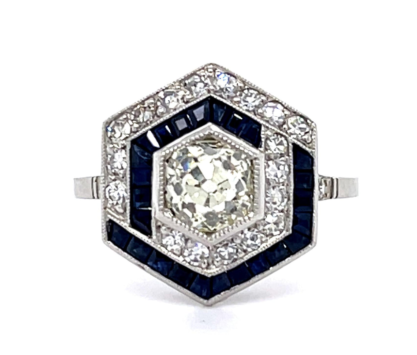 .97ct Old Mine Diamond 1ct Sapphire Platinum Handmade Ring .70ct SD