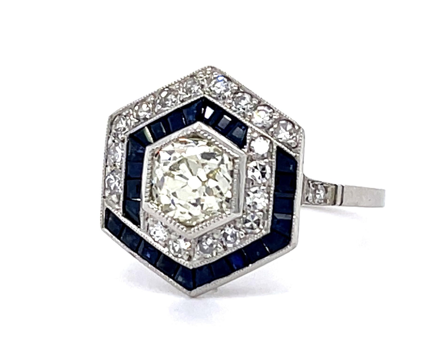.97ct Old Mine Diamond 1ct Sapphire Platinum Handmade Ring .70ct SD